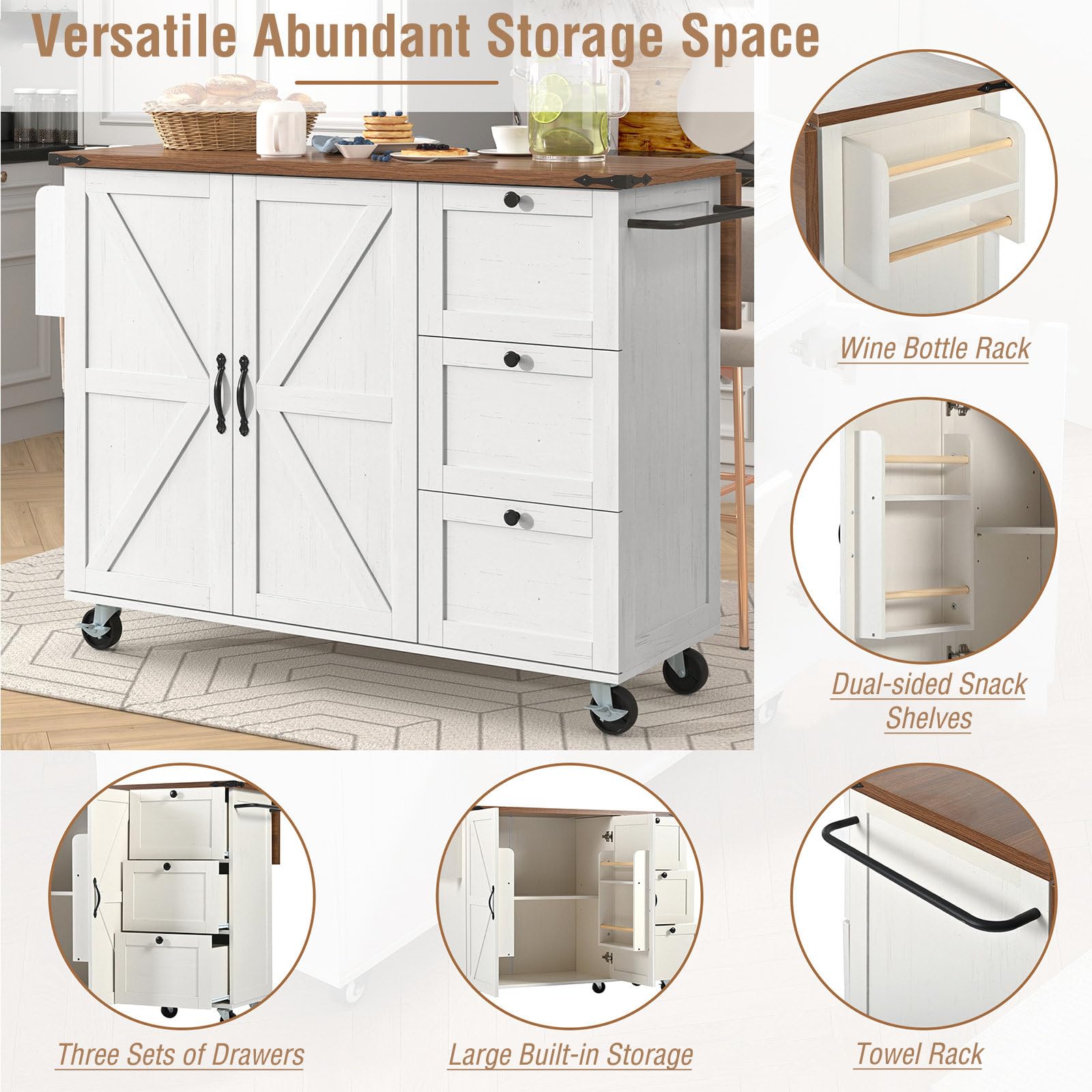 Desserte Ilot de Cuisine sur roulettes, Meuble de Cuisine avec Plans de Travail Rabattable, Desserte desserte de Cuisine Multi Rangements avec 2 Tiroirs et 2 Portes, 120x45-73x92.5 cm, Beige
