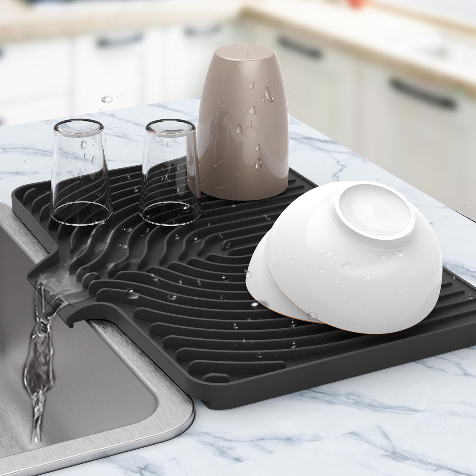Tapis de séchage en silicone pour comptoir de cuisine, 45,7 x 30,5 cm, tapis de séchage à vaisselle en silicone avec égouttoir, comptoir de cuisine en caoutchouc mat sec pour égouttoir à vaisselle