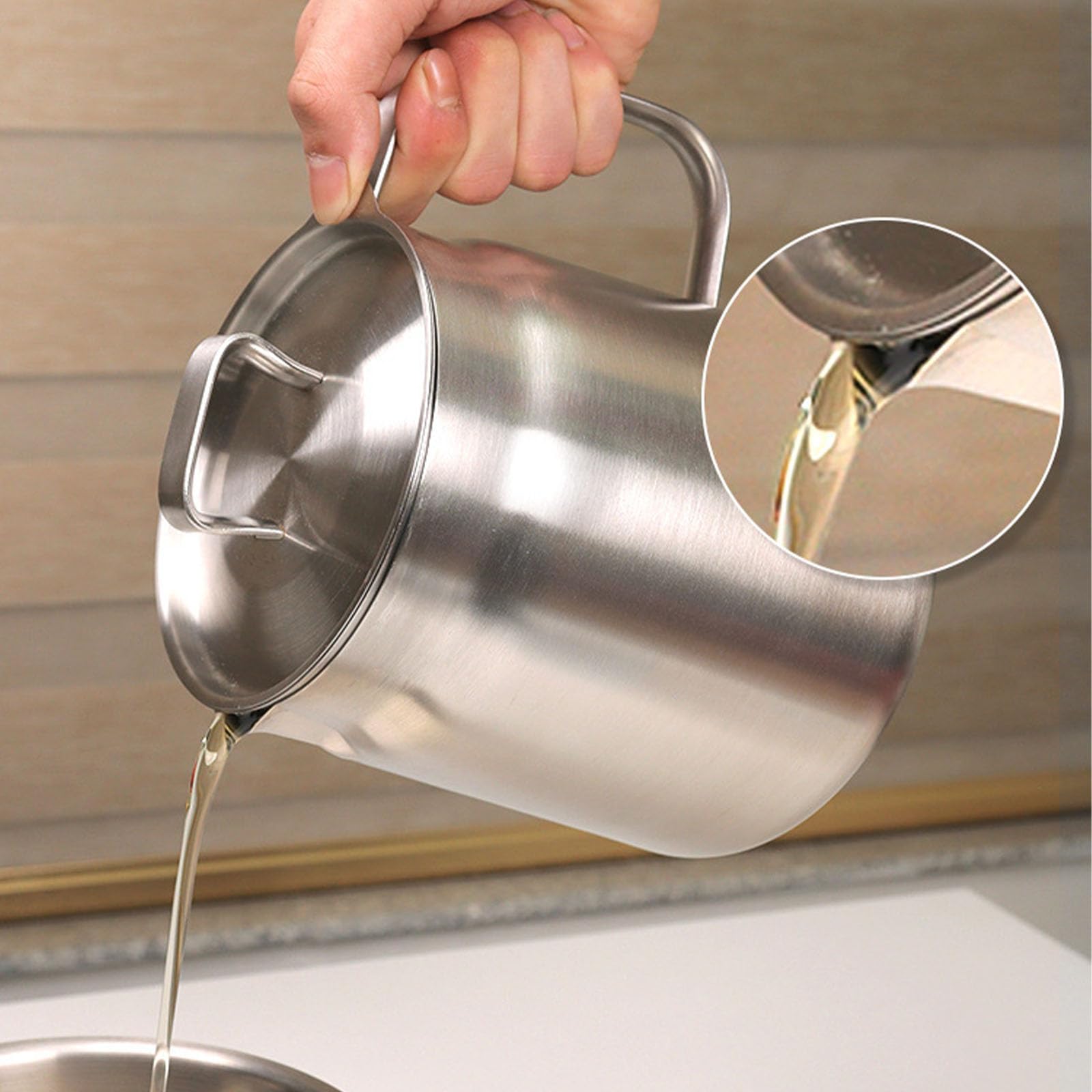 Olla de filtro de aceite de acero inoxidable con colador para cocina, acero inoxidable 304, gran capacidad, versátil freidora de aceite y vaso de filtro (1,5 L)