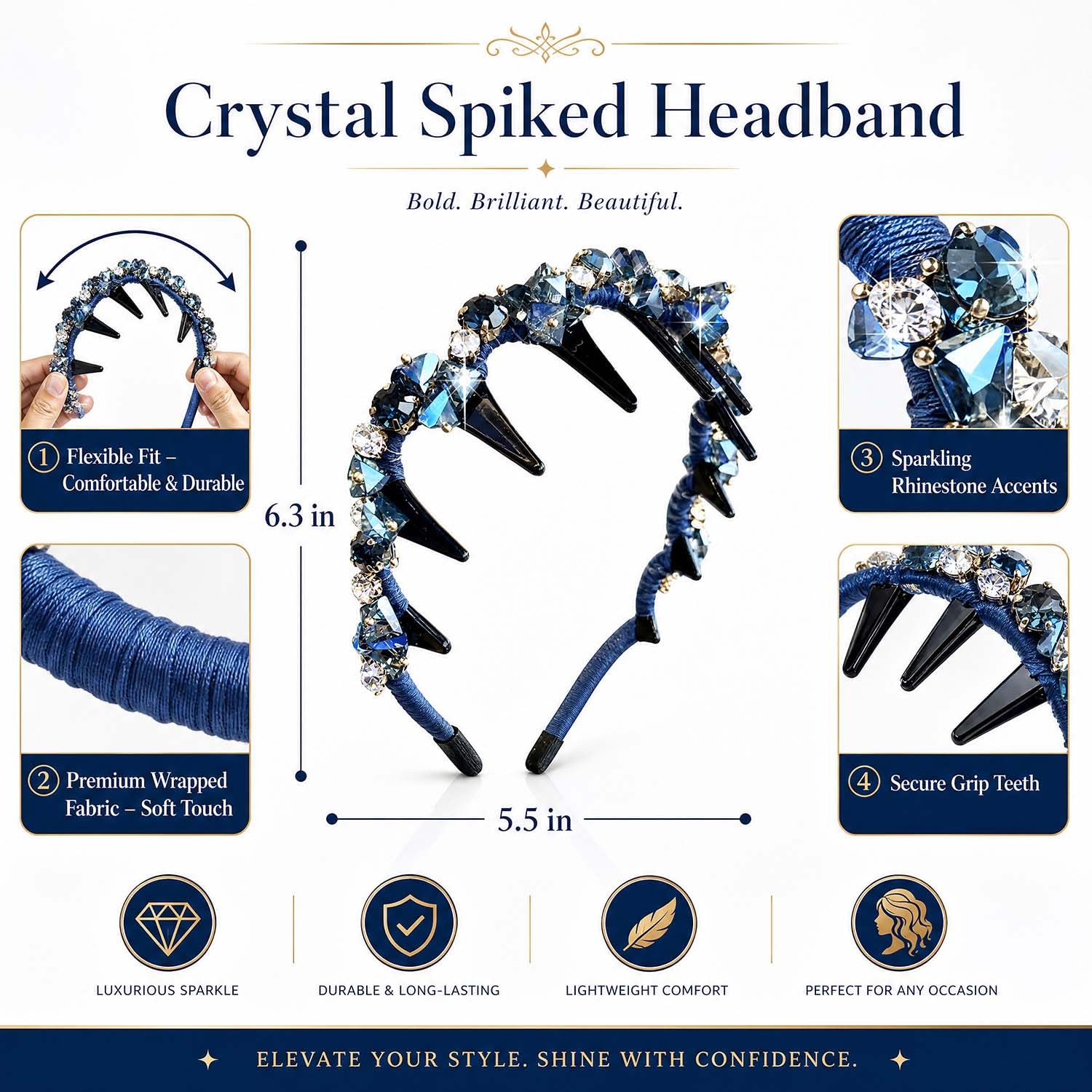 Diademas brillantes con diamantes de imitación para mujer, antideslizantes, accesorios para el cabello (azul, talla única)