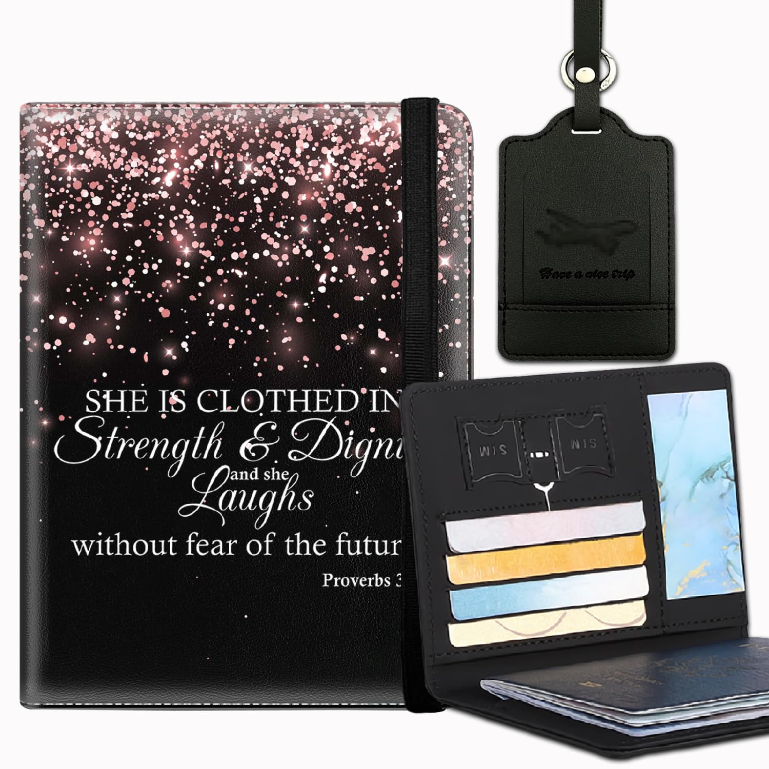 Passport Cover and Luggage Tag Set, PU Leather Passport Case Holder Travel Suitcase Tag, Travel RFID Blocking Passport Cover Passport Wallet for Women