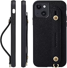 HANATORA iPhone 13 Mini Case, Genuine Leather, Shockproof, Back Strap, Strap Ring, Smartphone Case, Smartphone Stand Function, Glass Film Included, Saffiano Leather, Gift, No Magnet, Black XGH