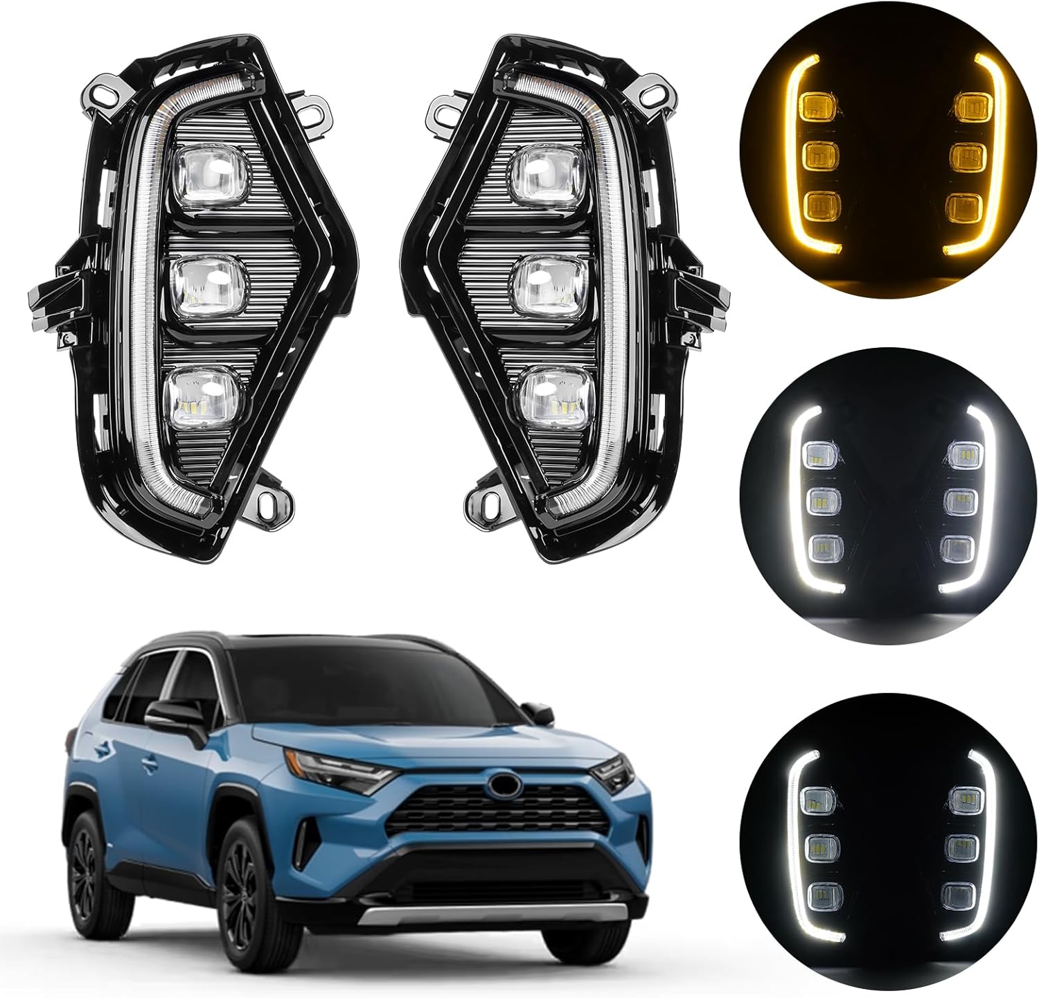 Powerty Daytime Running Lamps for 2019-2025 Toyota RAV4 Accessories LED Fog Lights Kit Amber Turn Signal Lights Assembly with 3 Colors DRL
