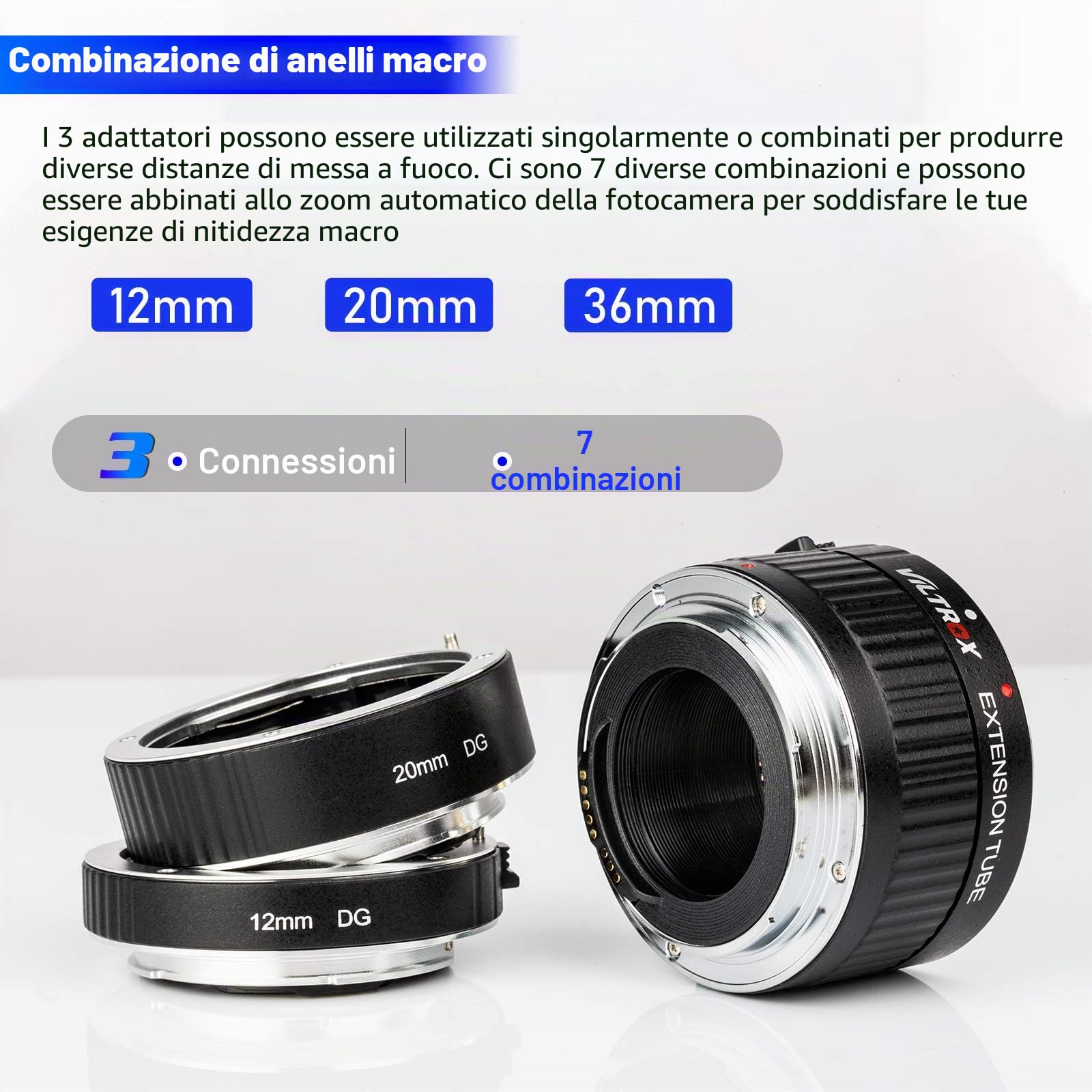 VILTROX DG-C Tubo di Prolunga Macro Messa a Fuoco Automatica con Montaggio in Metallo Anello Adattatore (12mm+20mm+36mm) per Canon EF EF-S Obiettivo & Fotocamera 5D 7D 800D 760D 700D 80D 70D 1300D