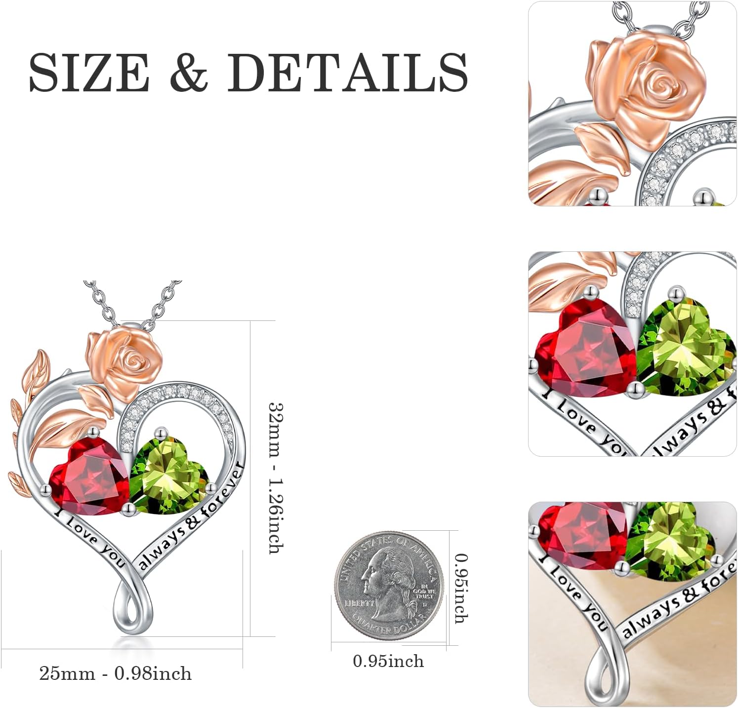 Rose Heart Birthstone Necklace Sterling Silver Two Heart Birthstone Necklace for Women 2 Birthstone Heart Pendant Birthday Christmas Valentine's Day Gift for Wife Mom Lady - Image 3