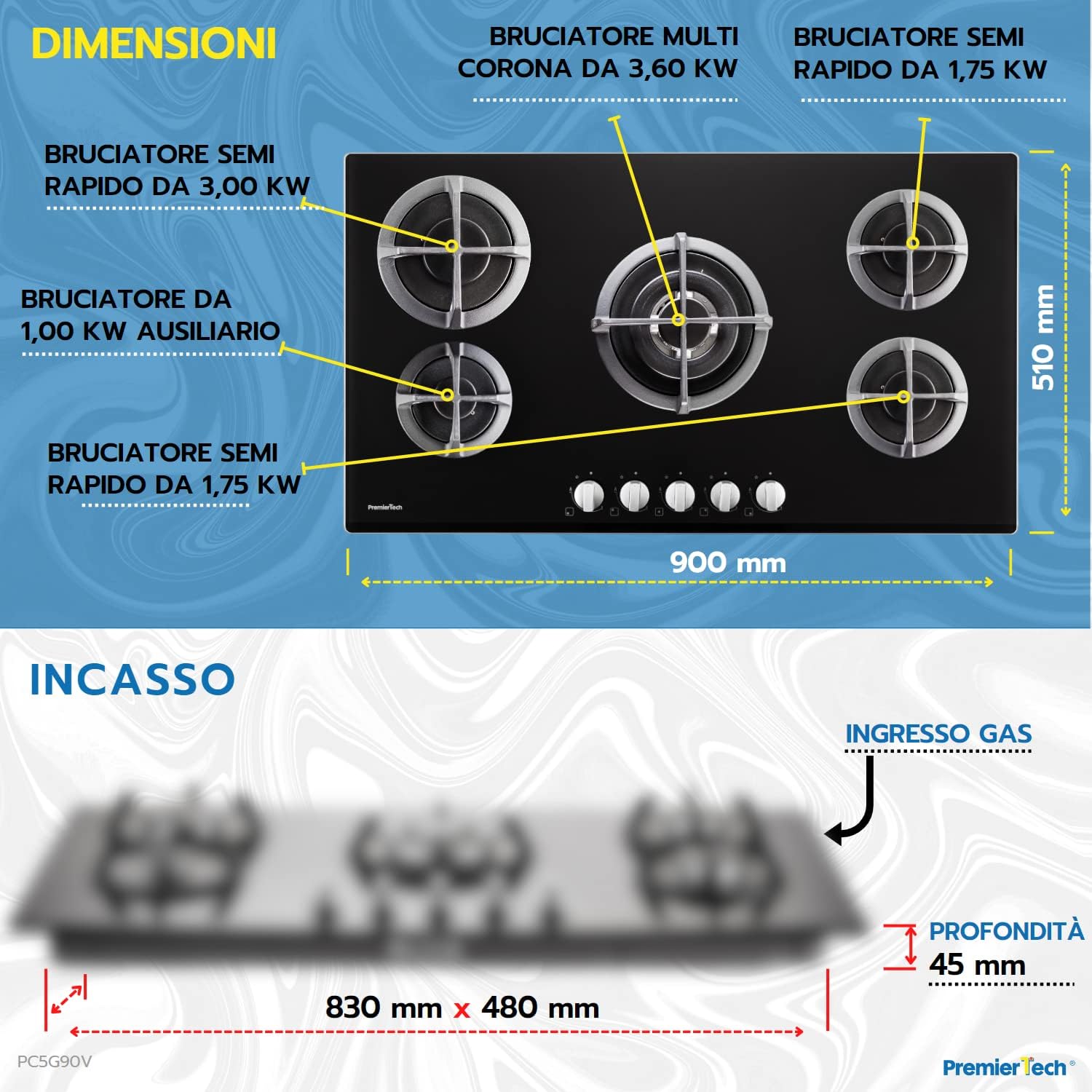 PremierTech Piano cottura a gas 5 fuochi 75 cm Vetro Nero PC5G75V PremierTech Piano cottura a gas 5 fuochi 75 cm Vetro Nero PC5G75V