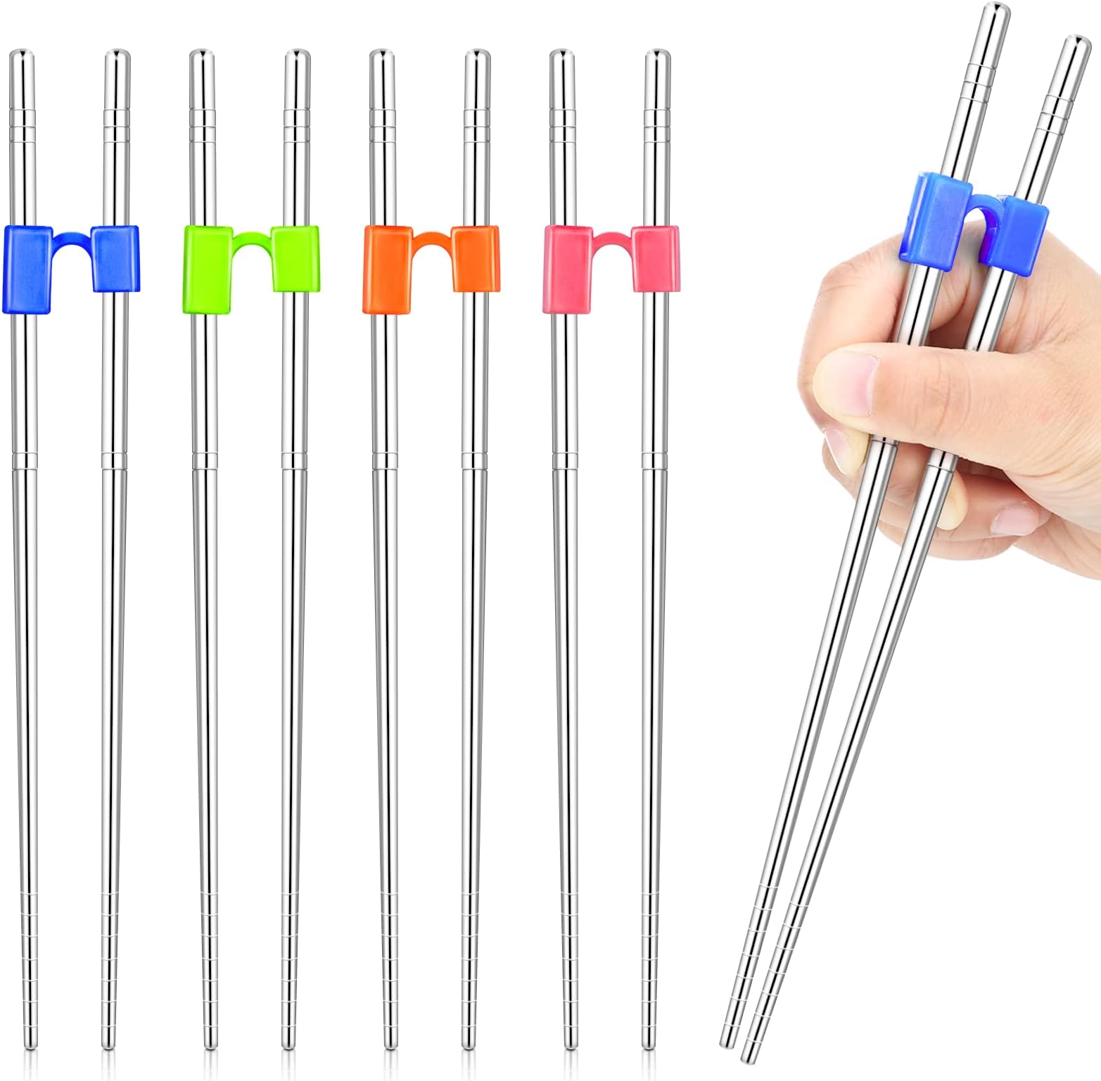 Tessco for you 5 Pairs Training Chopstick Helpers Reusable Chopsticks for Beginner Non Slippery Replaceable Practice Heat Resistant Holder with Clip for Trainer(Stainless Steel,Silver)