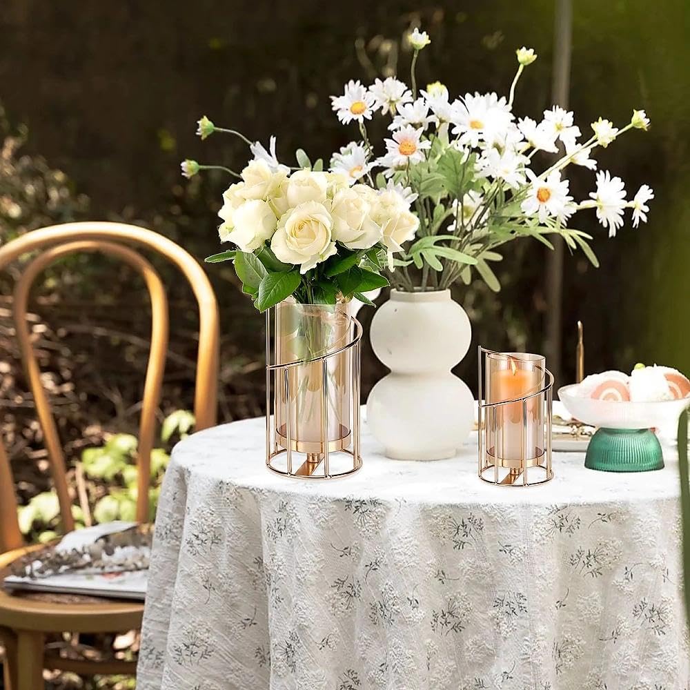 Lot de 2 photophores décoratifs, Cylindre en Verre Doré (Or) | avec Fond en métal pour Bougies, pour Petites Bougies Piliers Plateau à Bougies avec Cylindre pour décoration de Table, Salon