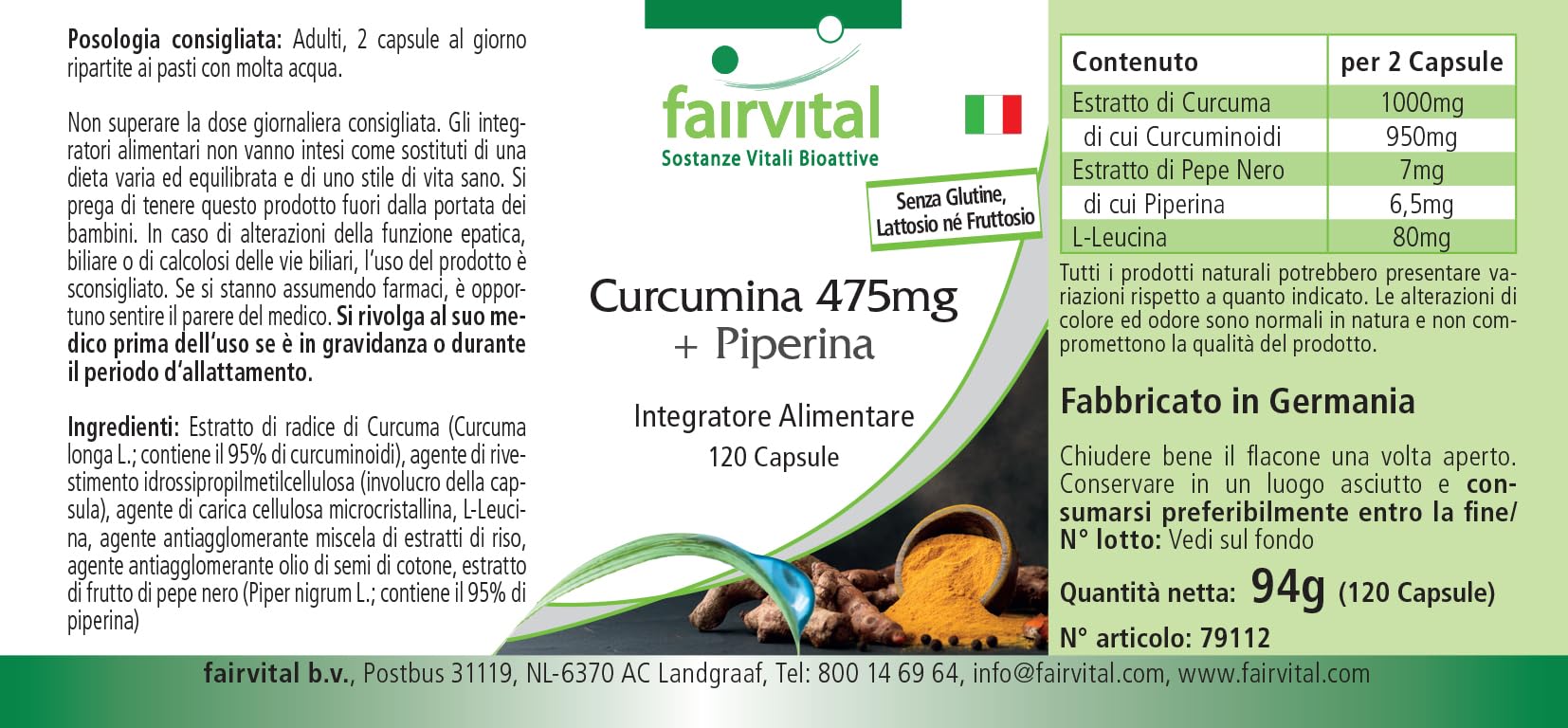 fairvital Gélules de curcuma, 500mg d'extrait de curcuma par gélule, 120 gélules, HAUTEMENT DOSÉES, curcumine 95% avec biopérine (pipérine)