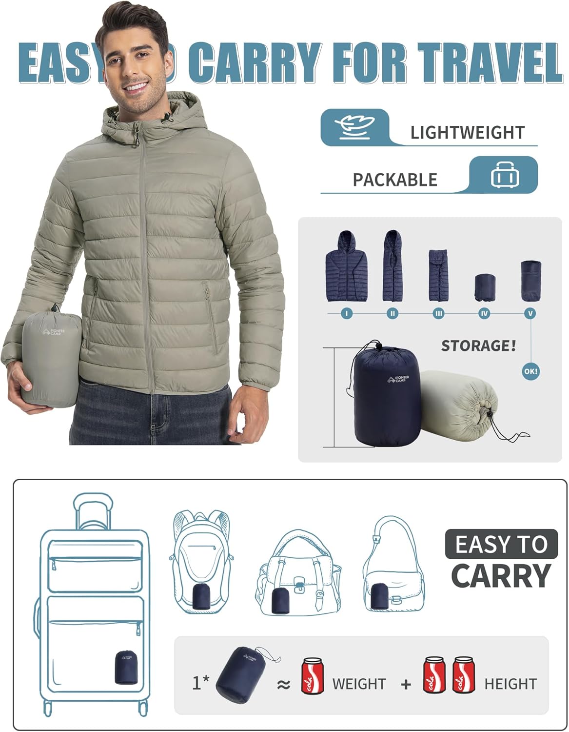 Pioneer Camp Mens Lightweight Packable Puffer Jacket Hooded Insulated Thermal Puffy Winter Jackets for Running Travel - Image 3