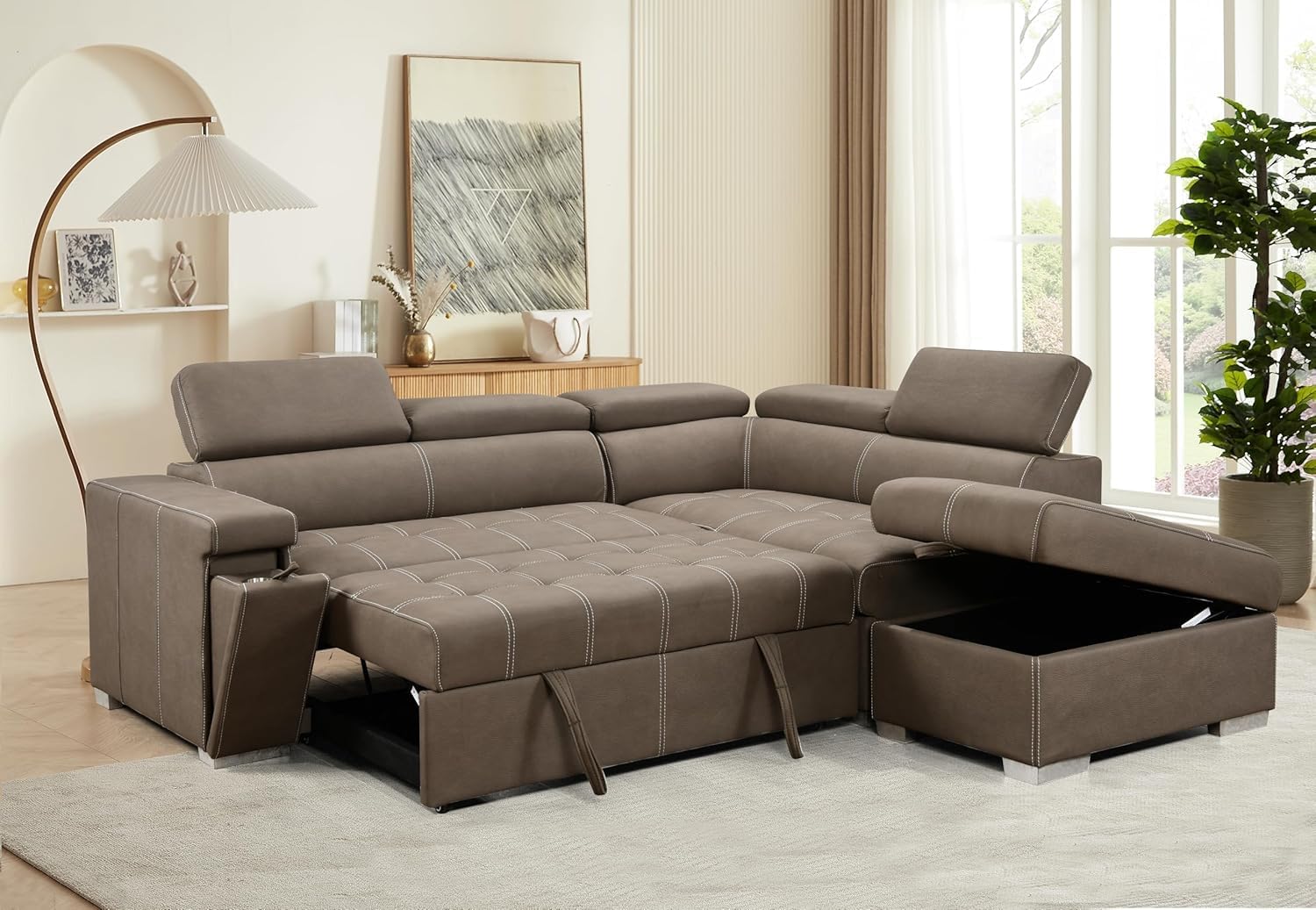 Modern Right Facing Sleeper Sectional Sofa W/Storage Ottoman,Adjustable Headrests and Hidden Cupholder L-Shaped Tufted Upholstered Sleeper Sofa Convertible Pull Out Sleeper Couch Bed for Living Room