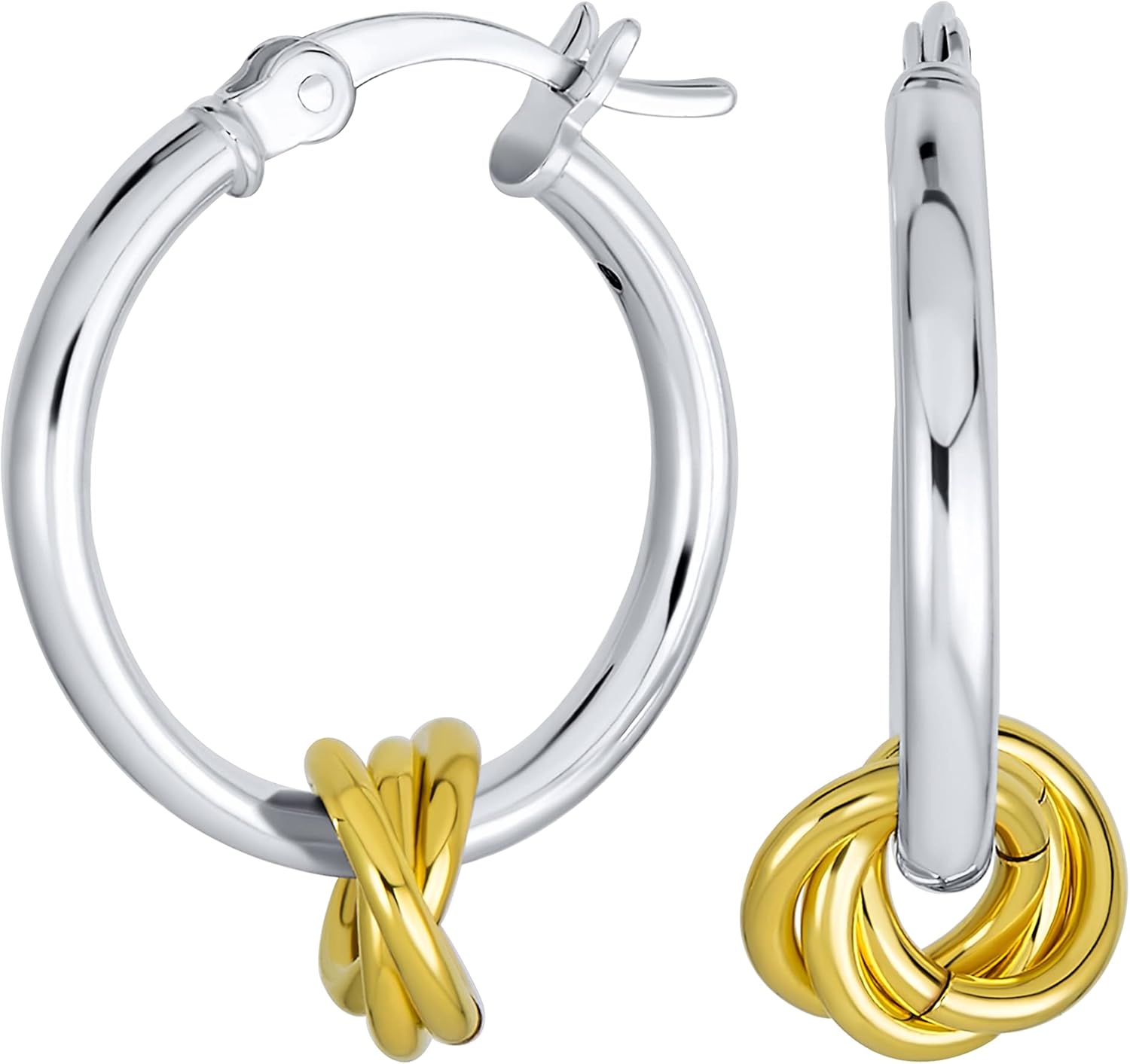 Bling Jewelry Twisted Side Charm Round Tube Thin Two Tone Love Knot Hoop Earrings For Women Teen Gold Plated .925 Sterling Silver 1 Inch Diameter