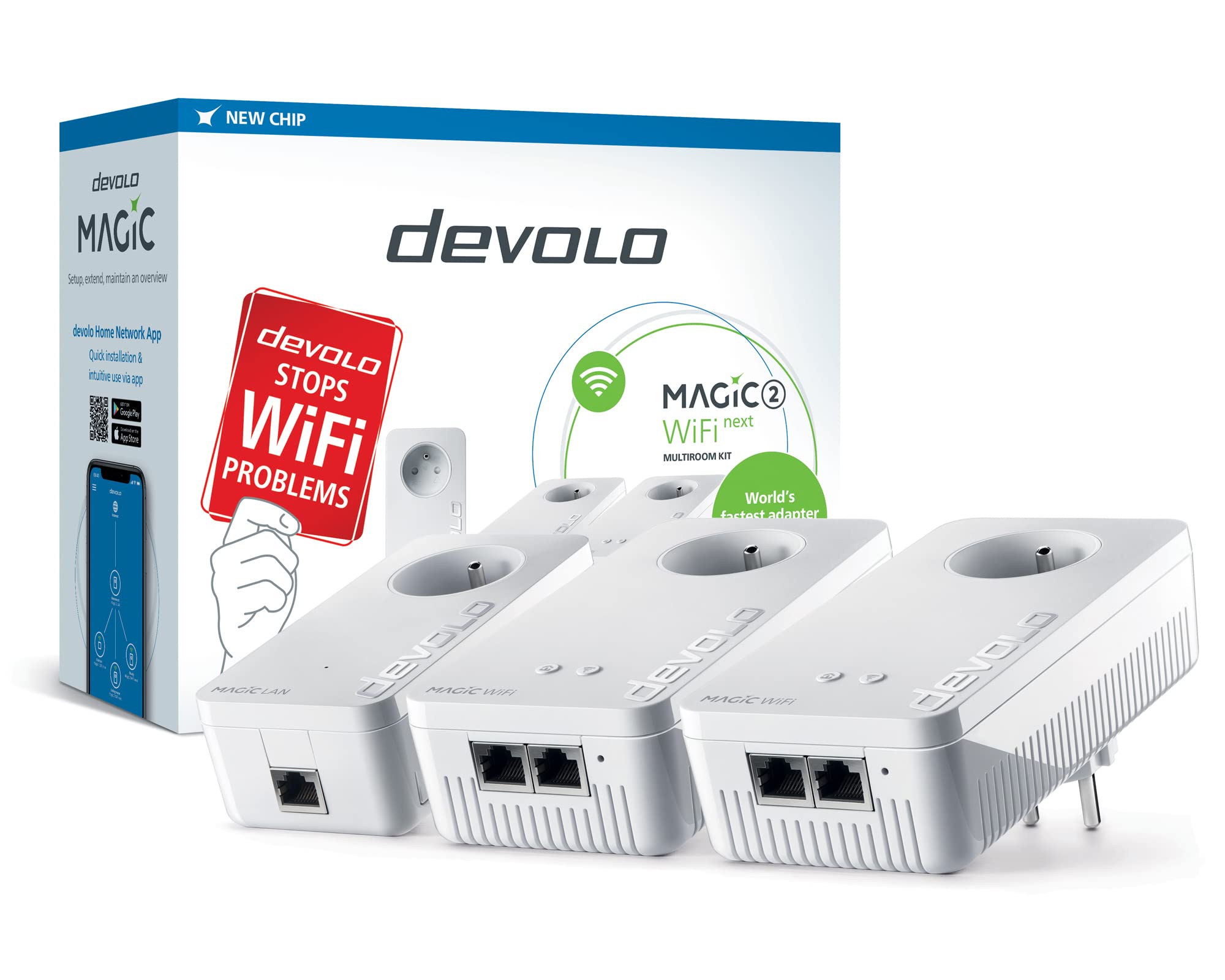 devolo Magic 2 – zestaw multiroom: maksymalnie stabilny zestaw z 3 adapterami Powerline z siecią Wi-Fi w strukturze mesh obejmującej wiele pomieszczeń (2400 Mb/s, 4x złącza Gigabit LAN)