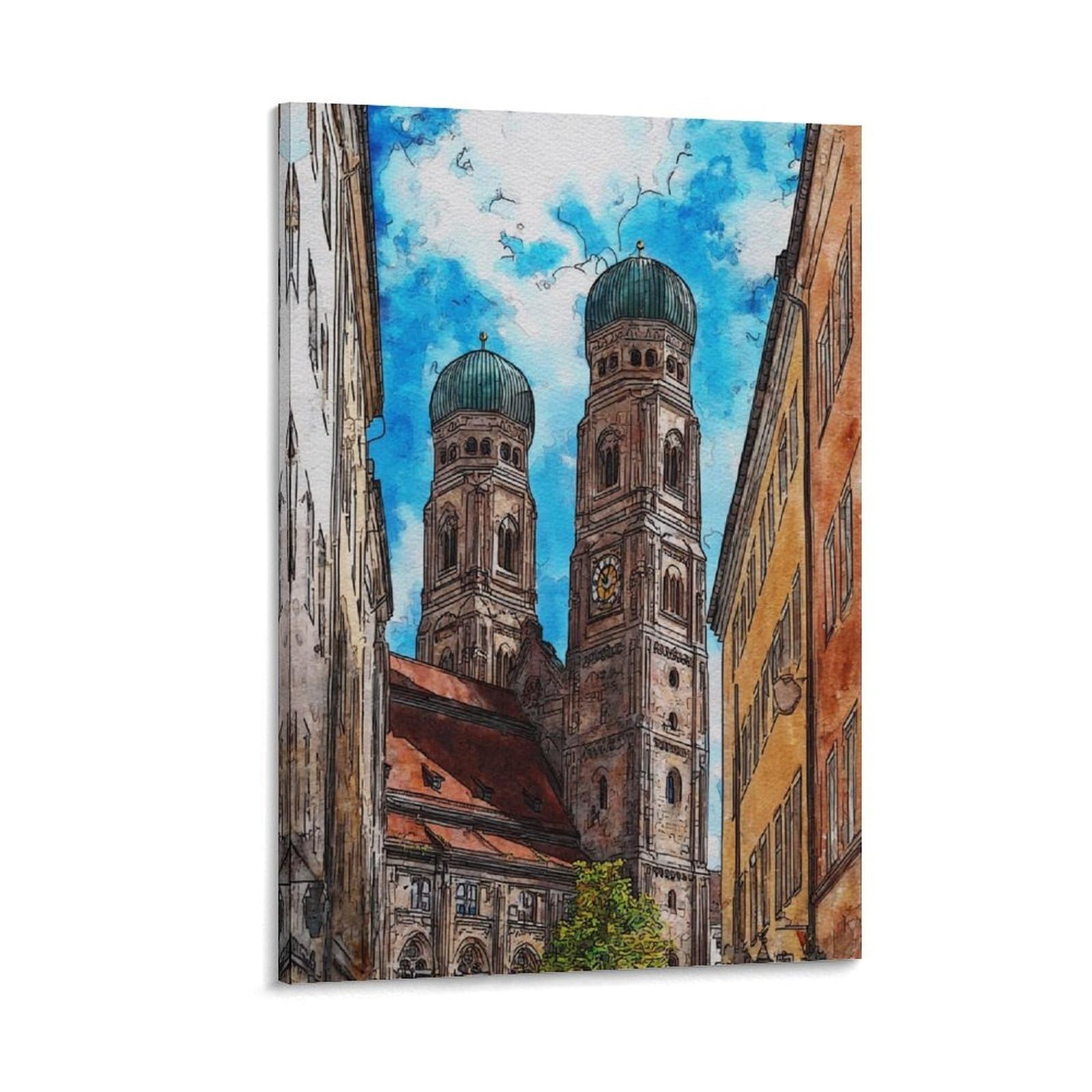Cnaheiz Frame-Style Munich Germany 24X36inch(60X90cm) Vintage Travel Poster Watercolor Canvas Art