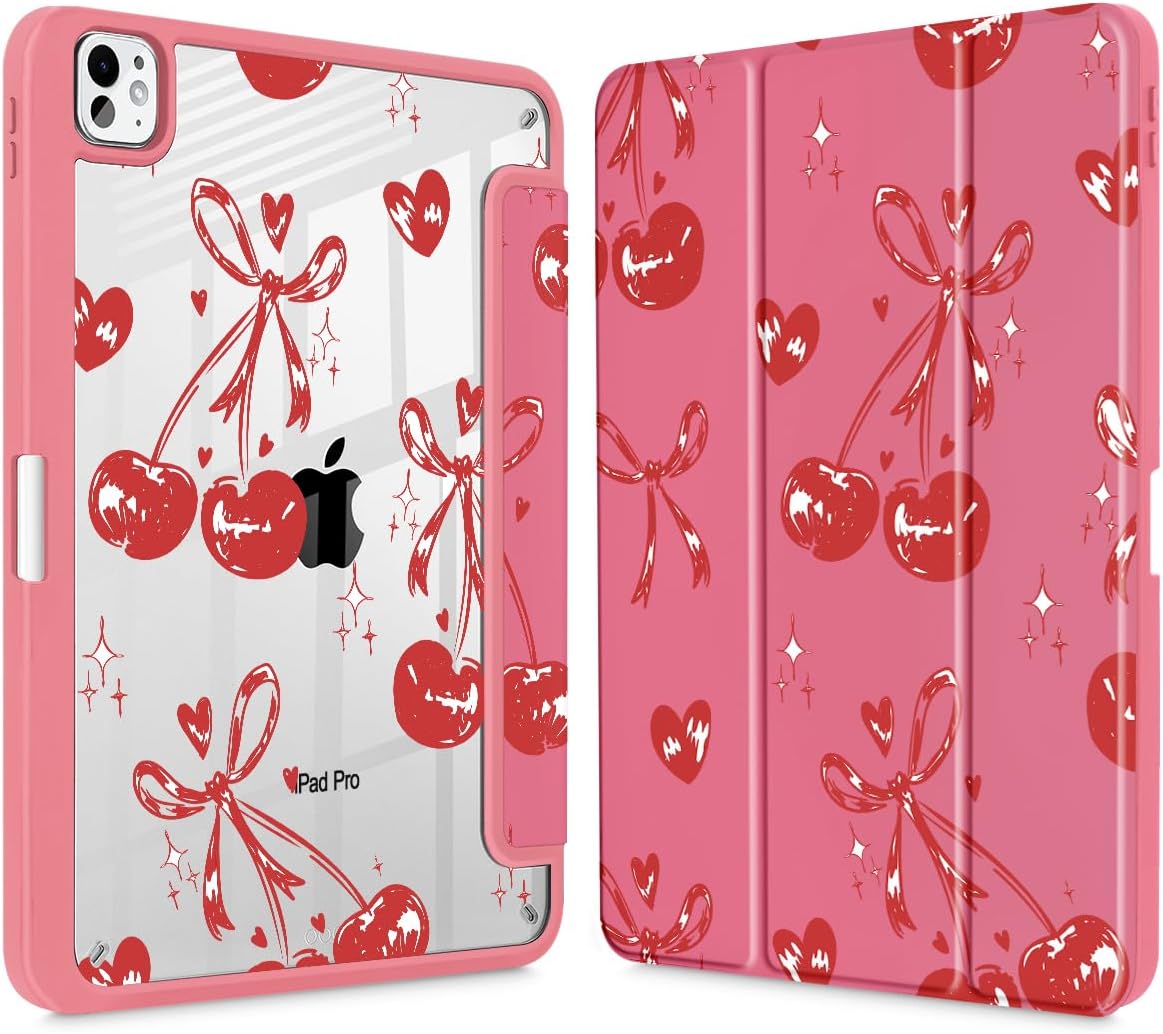 Mektron Case for M5/ M4 iPad Pro 11 inch 2025/2024 with Pencil Holder, Compatible Models: A3357/A3358/A3359/A2836/A2837/A3006, Shockproof Cover Clear Shell, Cherries Bows C388