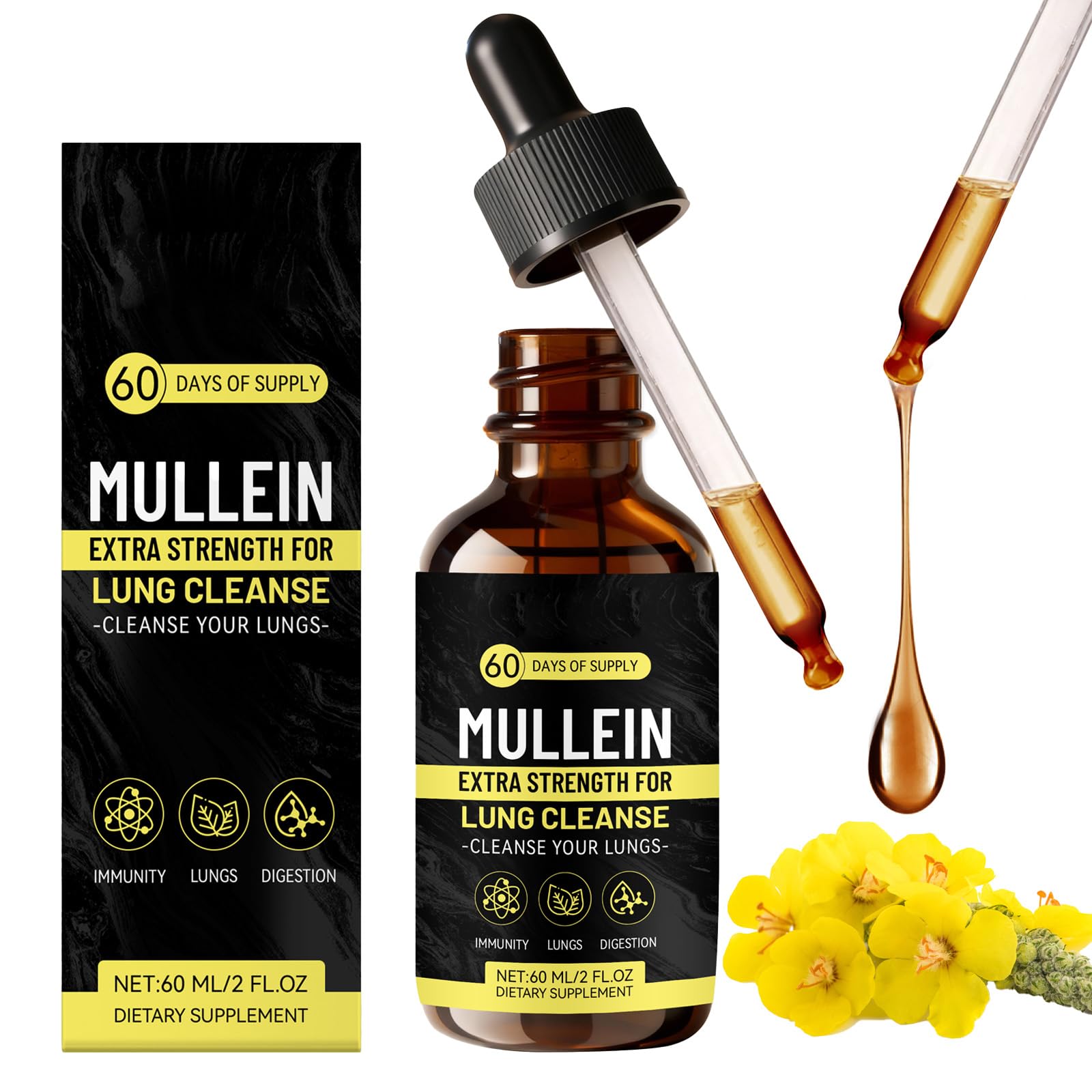 Mullein Tropfen Königskerze Extrakt, Lungenreinigungs Tropfen, Natürlich Mullein Leaf Extract Drops, zur Lungenreinigung, Schnelle Absorption für Männer und Frauen (60 ml)