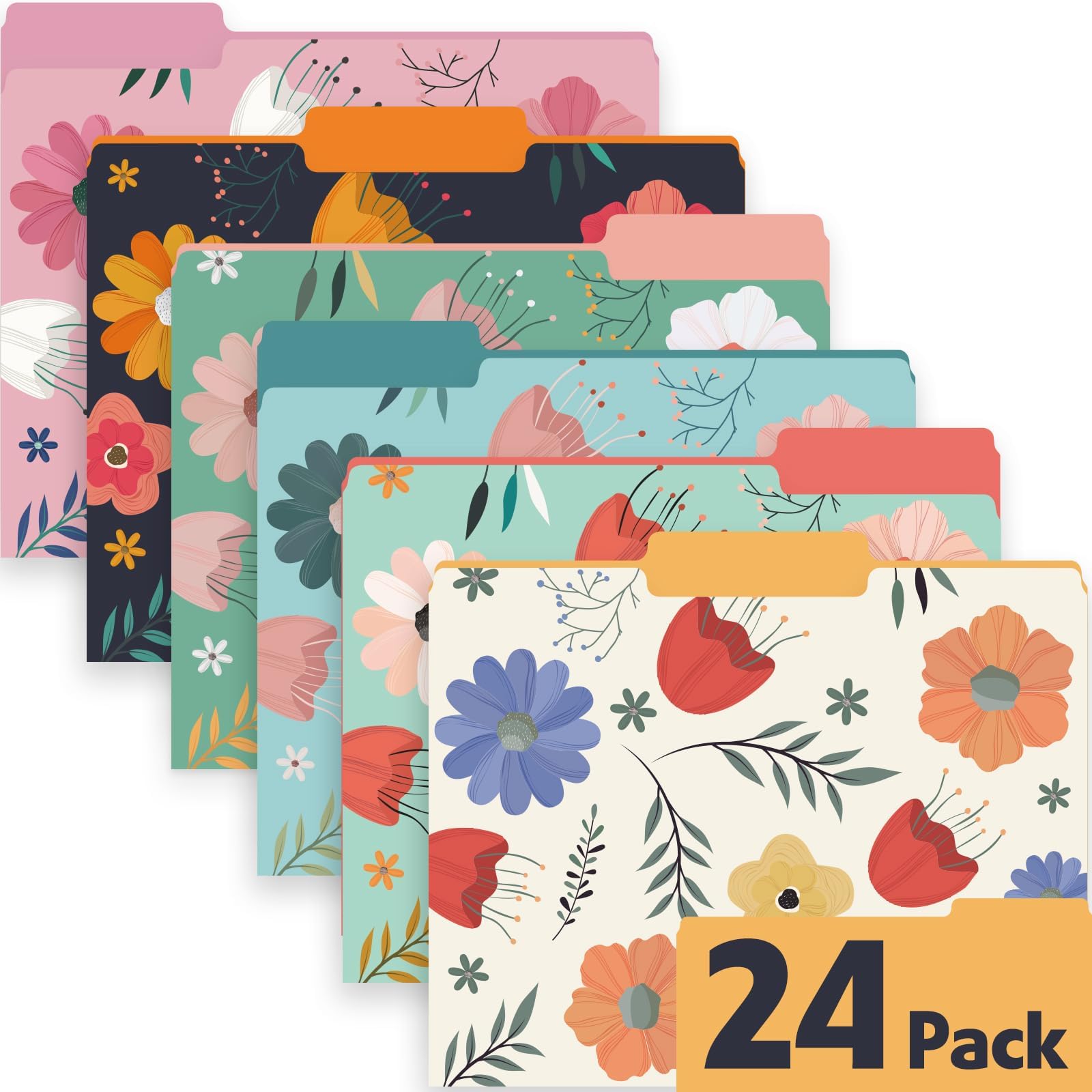 24 Pack Decorative File Folders, 1/3 Cut Tab Floral Colored Folders Letter Size 8.8 x 11.6 Inch, Assorted 6 Styles Filing Folder for Office School Business