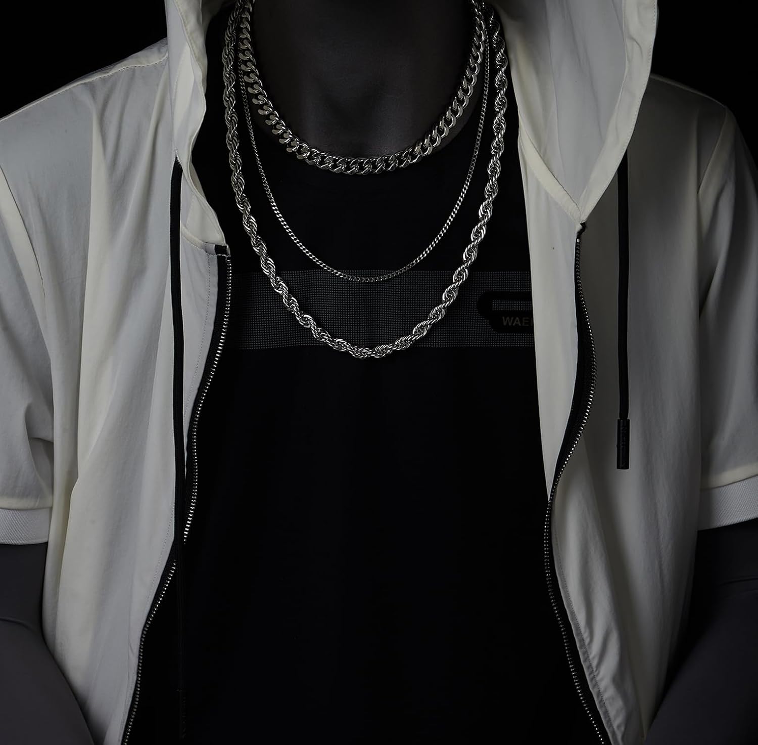 COOLSTEELANDBEYOND Layered Steel Chains Necklace for Men, Silver Rope, Cuban, and Curb Chain Set, Adjustable Clasp