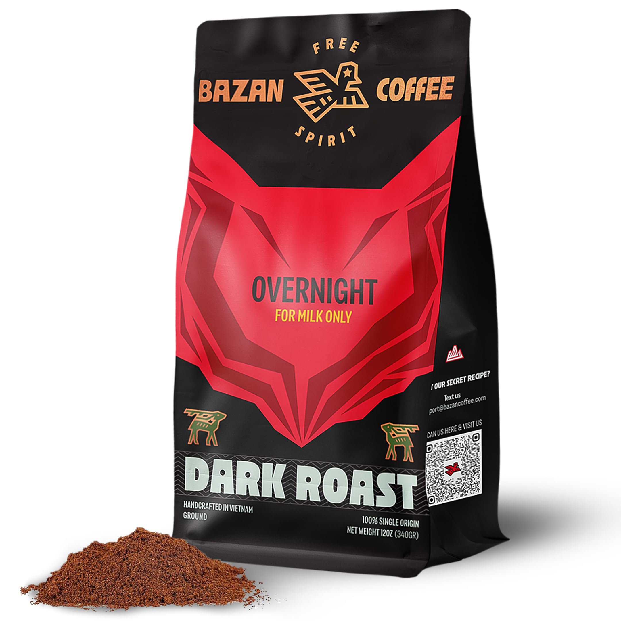 BAZAN COFFEEVietnamese Strong Coffee, Premium Robusta & Arabica Ground, Full-Bodied Dark Roast, Smooth & Low Acidity, Ideal for Milk Drinks & Home Baristas, Bold Espresso Flavor, 12oz Bag, Overnight Blend