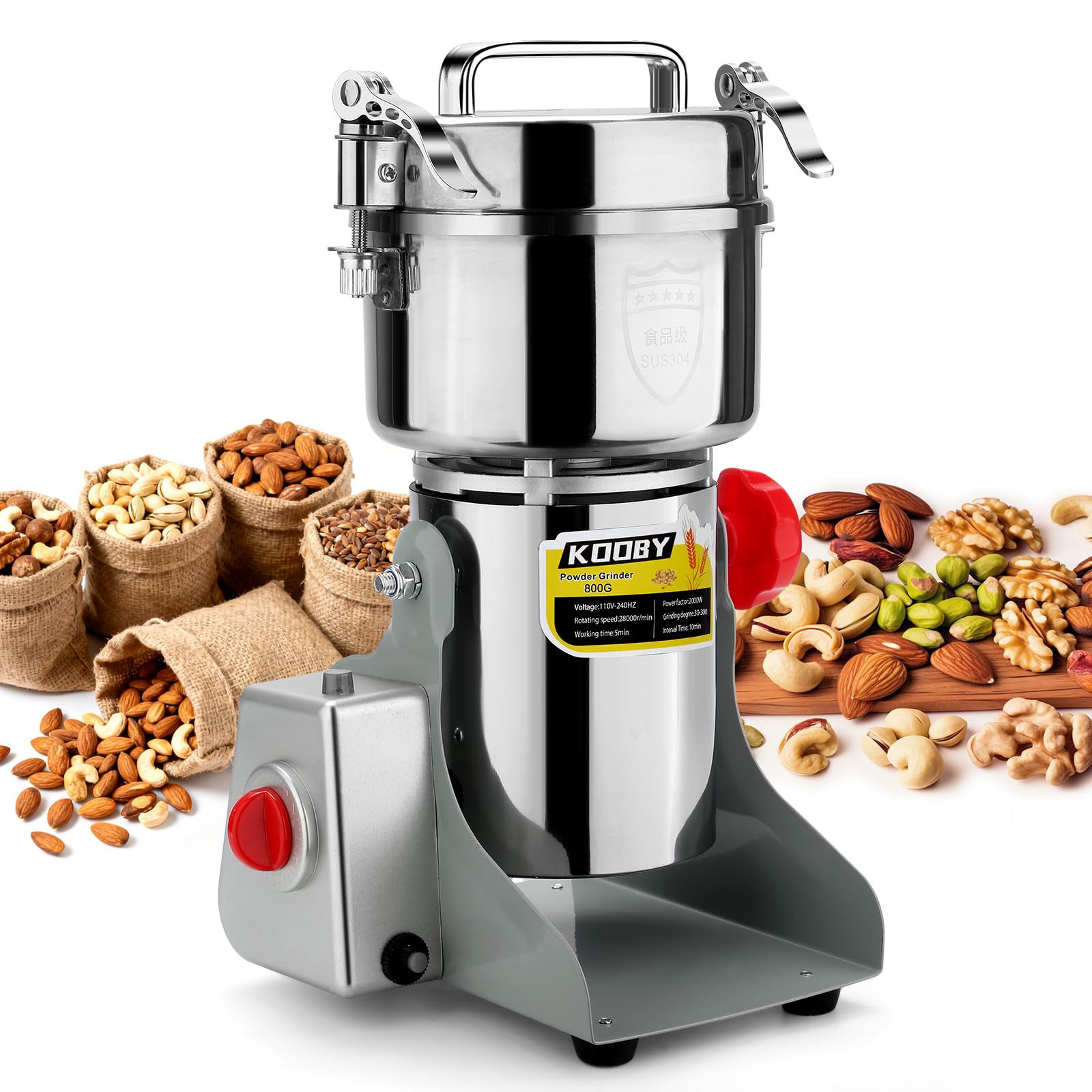 800g electric grain grinder mill, 2000w swing-type 304 dry cereals pulverizer makes dry goods, spices, coffee, pepper, etc., commercial 110v high-speed superfine machine (800g swing type)