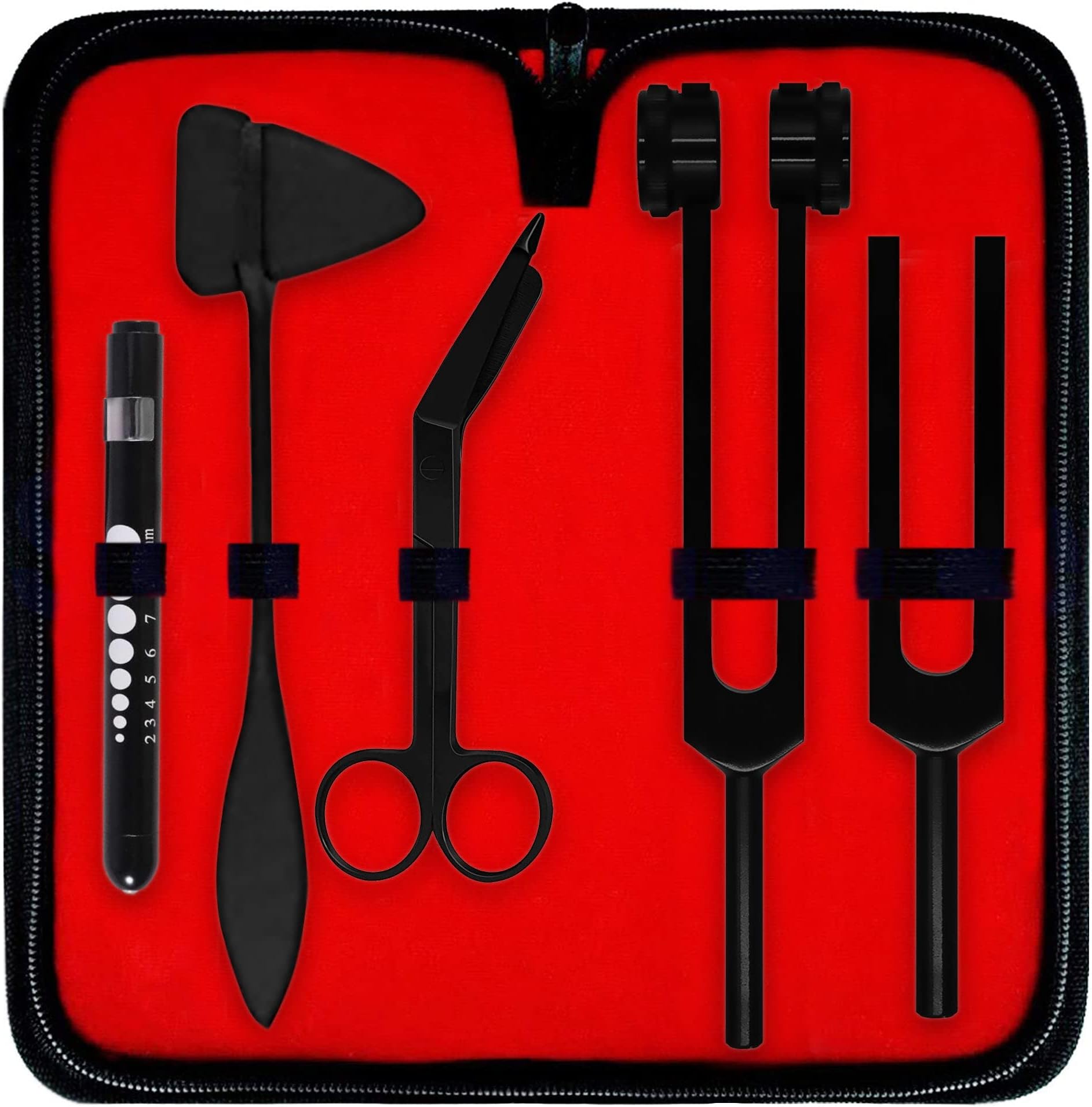 Diagnostics Kit - Percussion Taylor Reflex Hammer + C 128 & C 512 Tuning Forks + Bandage Scissors + Pupil Gauge Pen Light in Carrying Case - 6 Pieces Set - Full Black