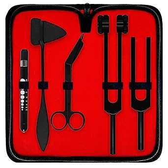 Diagnostics Kit - Percussion Taylor Reflex Hammer + C 128 & C 512 Tuning Forks + Bandage Scissors + Pupil Gauge Pen Light in Carrying Case - 6 Pieces Set - Full Black