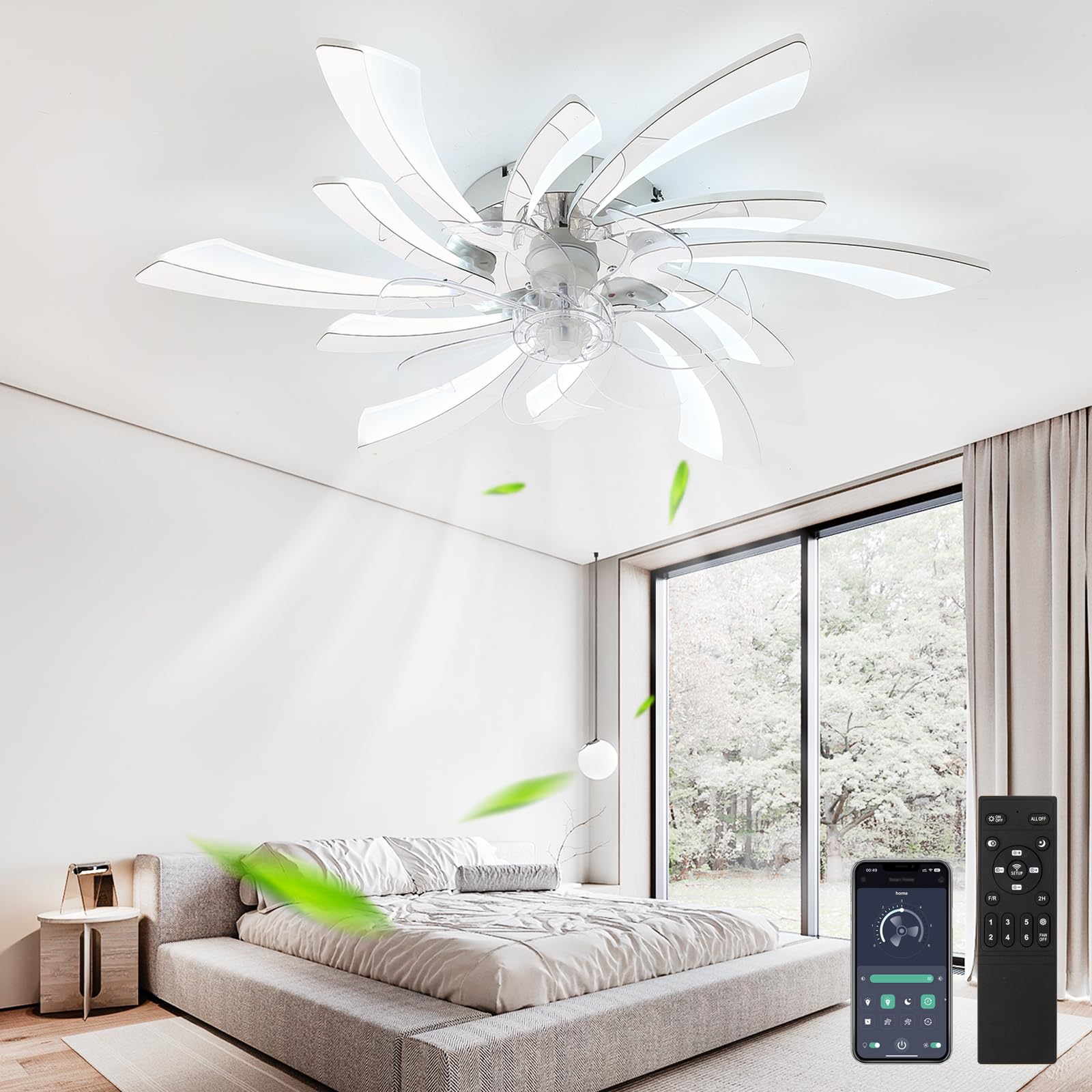 SXDMOUBK 78CM Ceiling Fans with Lights Memory 6 Speed Reversible Living Room Fan Light Ceiling with Remote and APP Dimmable Silent Light Fan Ceiling Modern Creative Bedroom Lounge-White