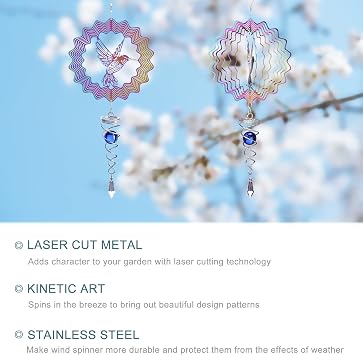 Lpraer Hanging Wind Spinner 6 Inch Stainless Steel 3D Colorful Kinetic Mandala Wind Spinner With Ball Spiral Tail for Outdoor Yard Garden(Hummingbird)