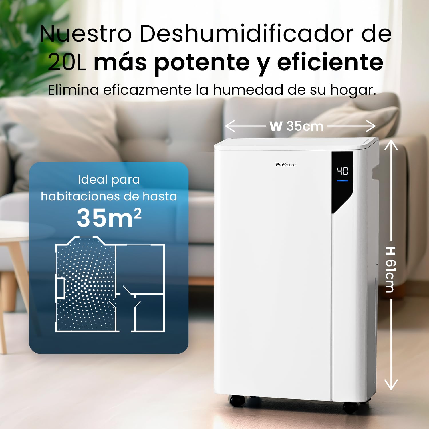 Pro Breeze Deshumidificador 20L. Antihumedad y moho. Depósito Extraíble y Desagüe Continuo, 5 Modos, Temporizador 24h, Pantalla Táctil, Sensor de Humedad, Secadora de Ropa (35 m²)