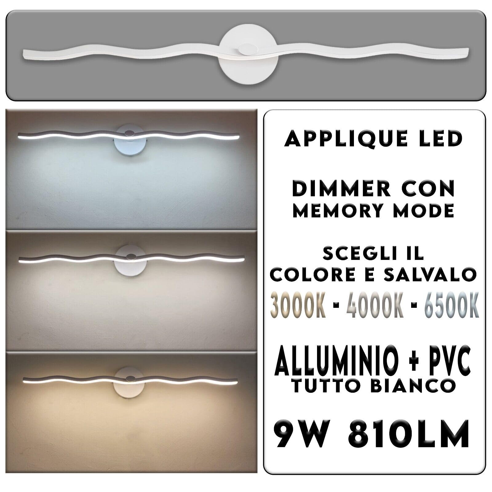 MAKA Lampada Specchio Bagno Led 60 cm 9W 810 Lumen 230V Luce Calda Naturale Fredda Luce Ondulata in Alluminio e PVC Elegante Moderno Facile Installazione Memory Dimmer Impermeabile Schizzi (60 cm)