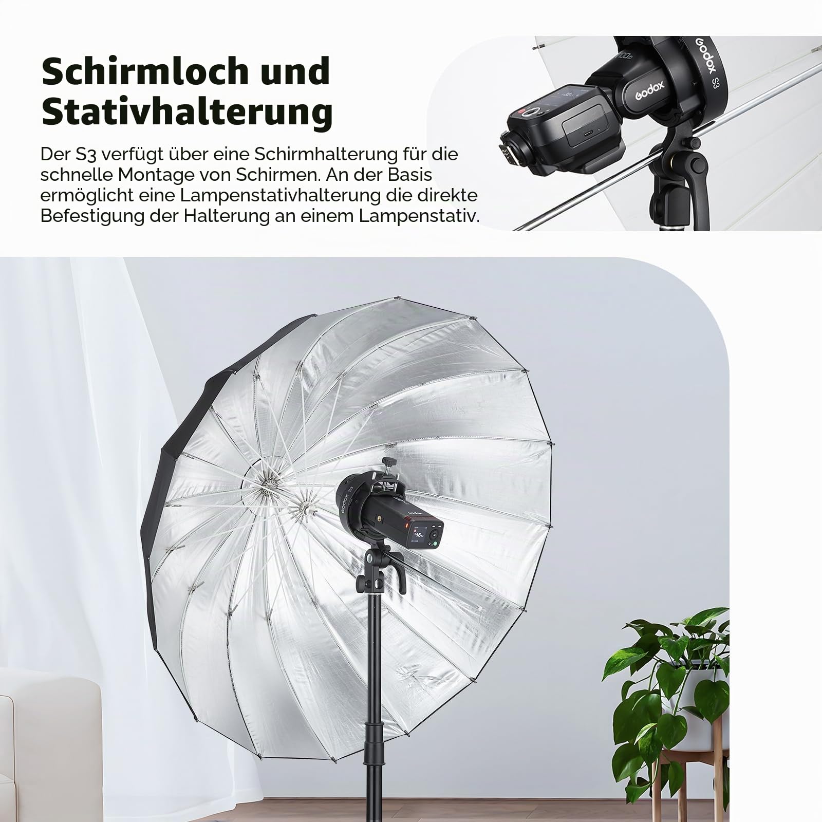 Godox S3 Bowens Mount Blitzhalterung, kompakt & leicht mit ±90° Neigung, rutschfeste Silikonpolsterung für stabilen Aufbau, für AD300/AD200/AD100 Outdoor-Blitz, für V100/V1Pro/V1/V860III Speedlite