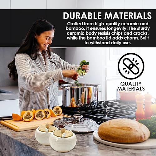 Miniatura 6 de Juego de 2 macetas de salero, macetas de cerámica blanca y tapa de bambú para salar, elegante cocina esencial, mejorando experiencias culinarias con