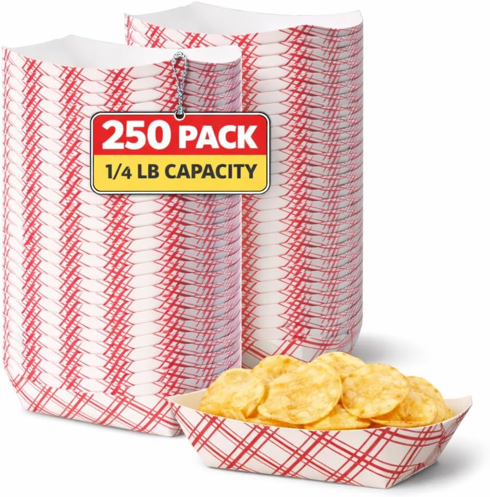 Paper Food Trays, Disposable Food Boat Tray Holders 1/4 lb Capacity, for Nachos, Fries, Hot Dogs & Tacos, Red Plaid, 250 Pack
