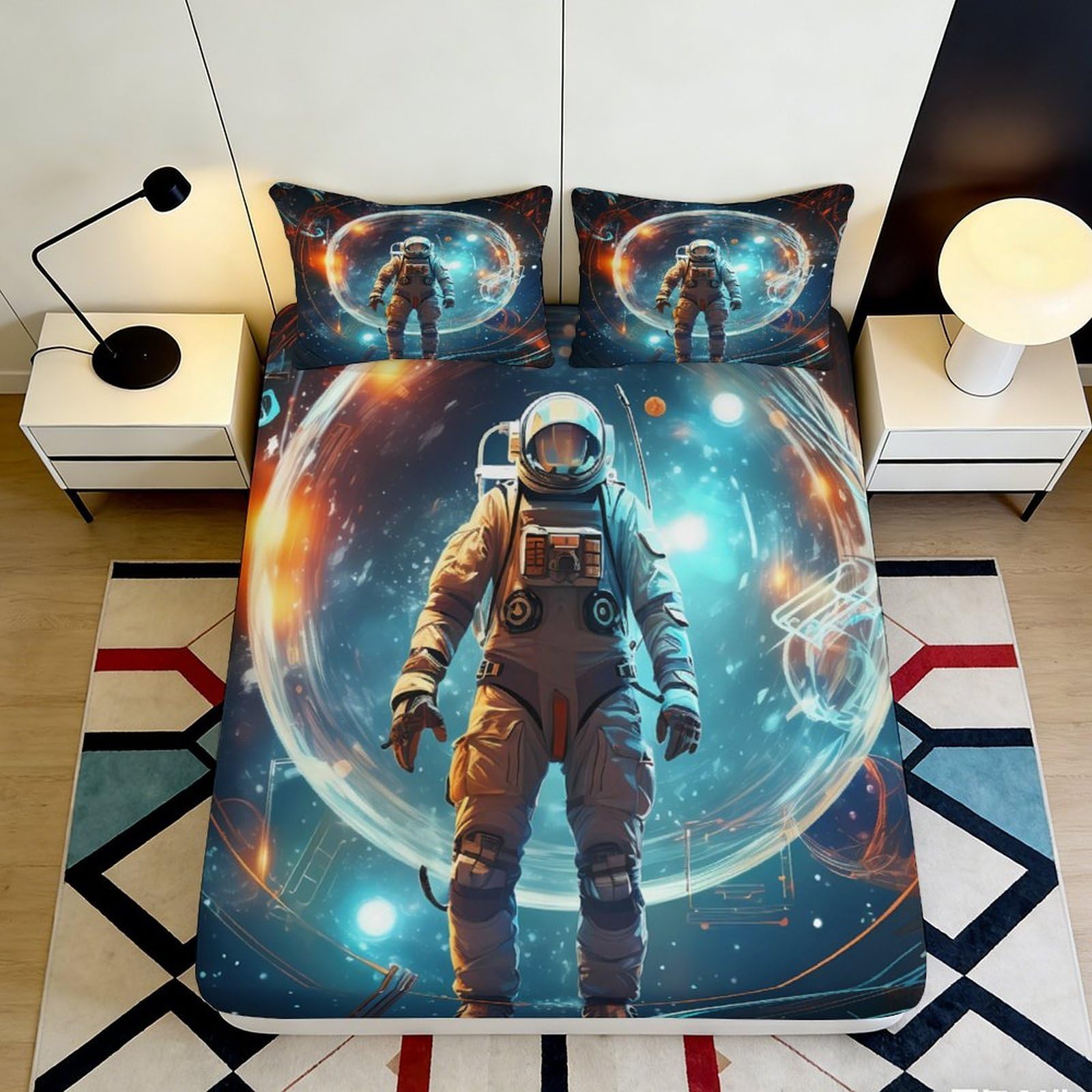 3D Printed Astronaut Space Fitted Sheet Microfiber Orange Blue Mattress Cover for Bedroom Dorm Decor Easy Care 90x200x25cm