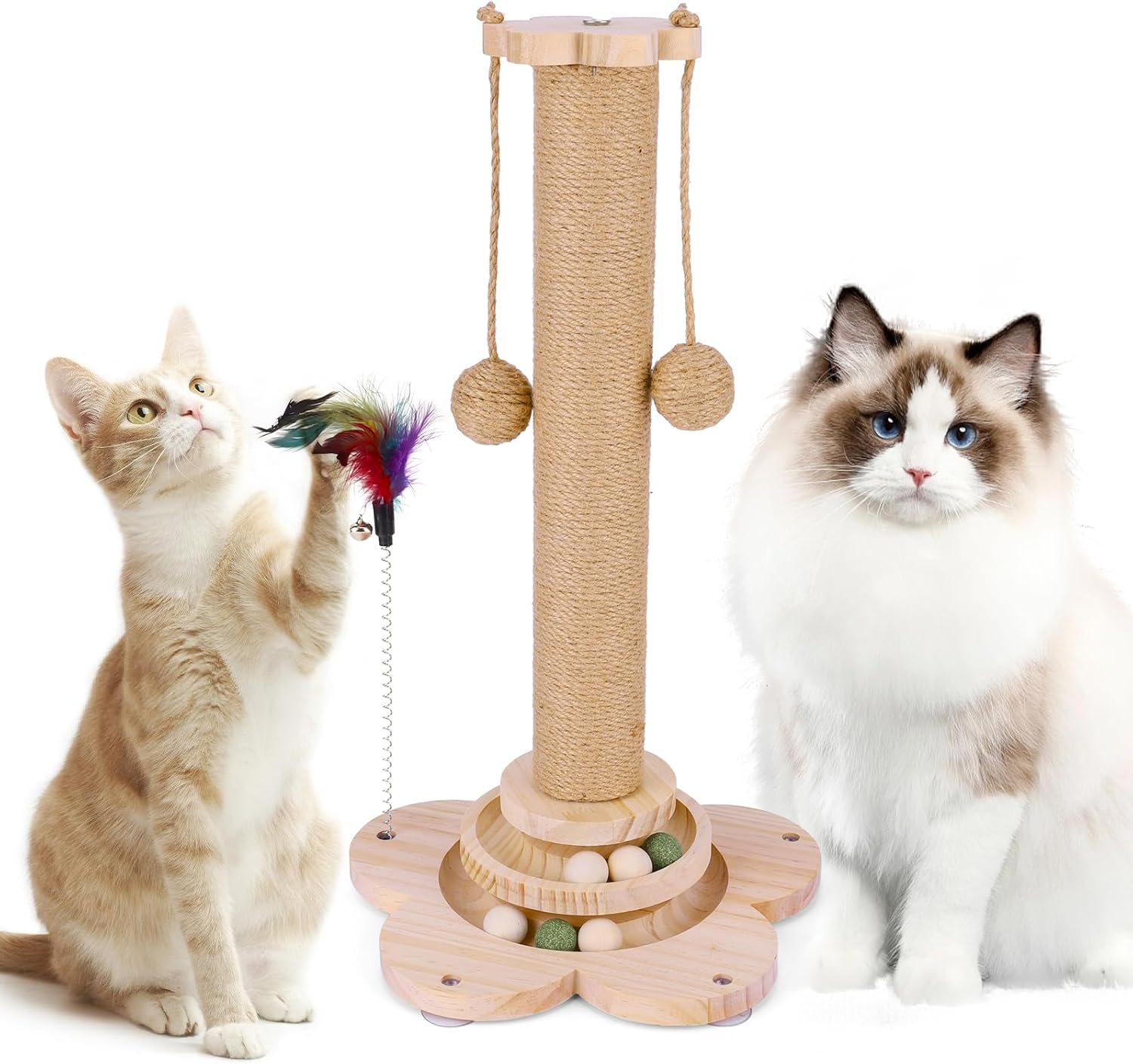FitRepa Cat Scratching Post Multifunctional Cat Scratch Post – with Solid Wooden Base, Interactive Track & Spring Feather Toy, Scratching Posts For Indoor Cats (50cm Tall)