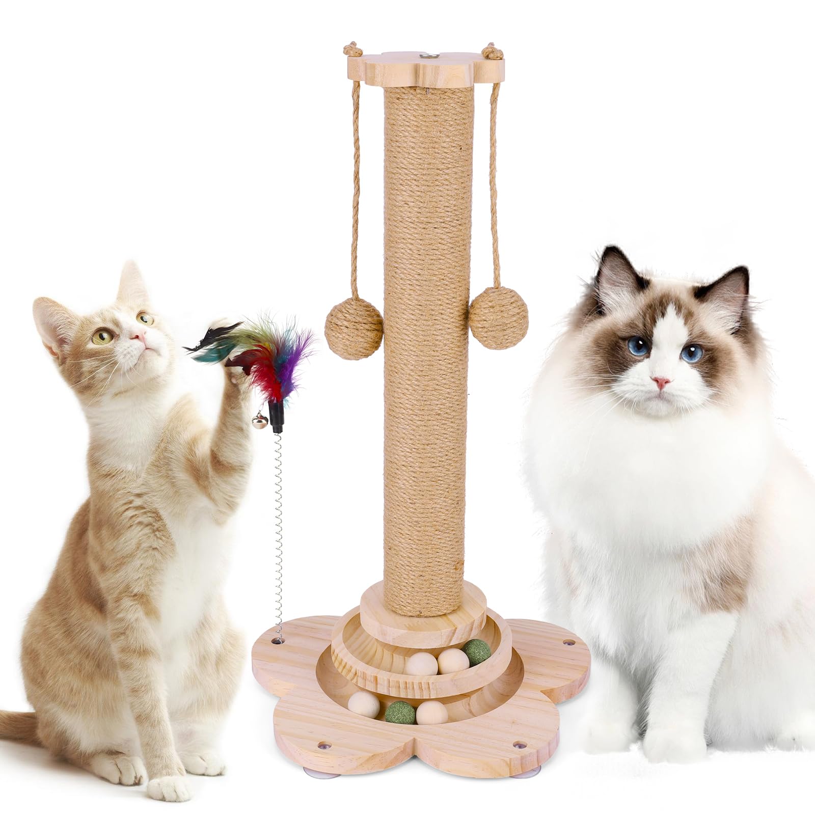 FitRepa Cat Scratching Post Multifunctional Cat Scratch Post, with Solid Wooden Base, Interactive Track & Spring Feather Toy