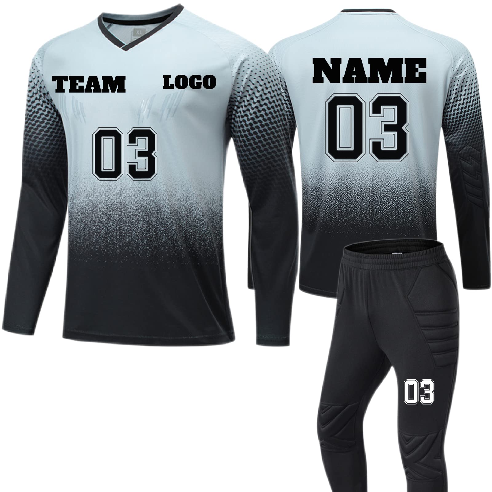 Mens Kids Soccer Goalkeeper Jersey, Goalkeeper Jersey Set Mujer Manga Larga Pantalones Jersey Personalizado Personalizado con Nombre + Número + Logo Regalo para niños