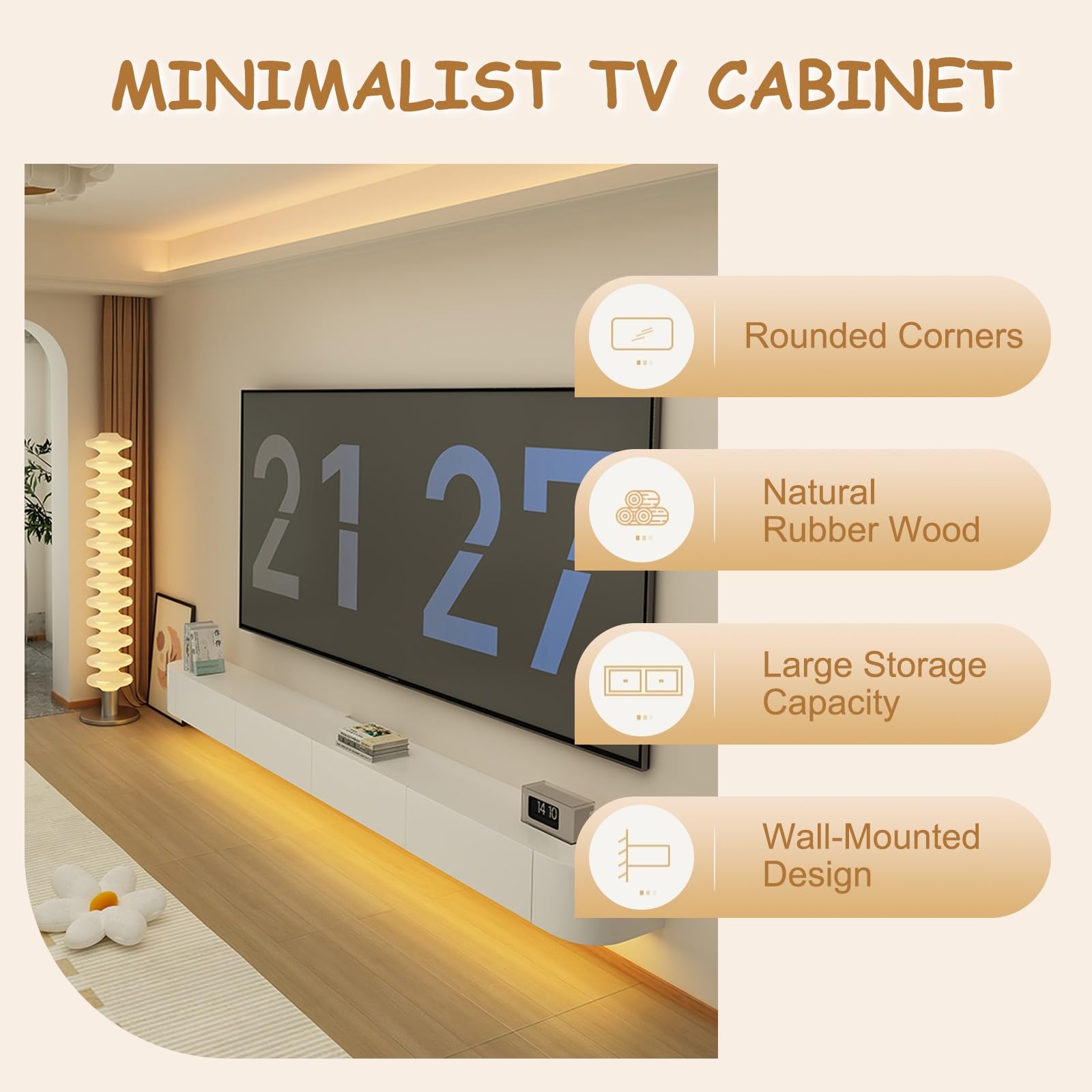 Moderne Cabinet de télévision Murale 300cm, Console multimédia Flottante élégante avec Stockage caché, Centre de Divertissement d'économie d'espace pour Le Salon, Blanc