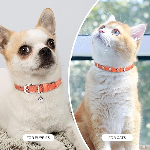 Miniatura 7 de Collares de cuero para gatos con campana y cinturón elástico de seguridad, collar de hebilla ajustable de estrella y luna personalizado para gatos