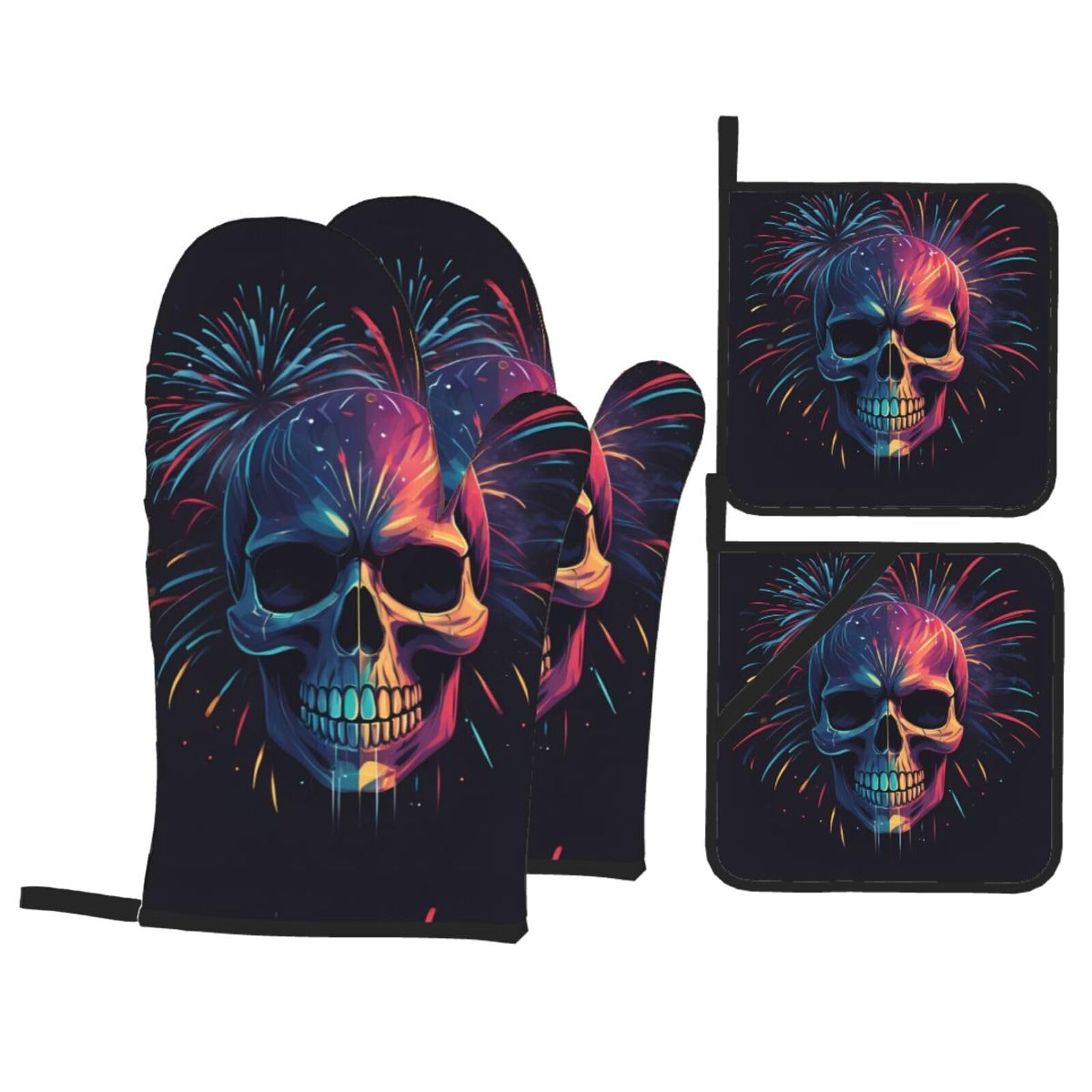 HJFCZH Skull Shaped Fireworks Picture Kitchen Baking Set of 4 Thick Insulated Oven Mitt & Pot Holders, Anti-Scalding for Microwave, Oven, Outdoor BBQ