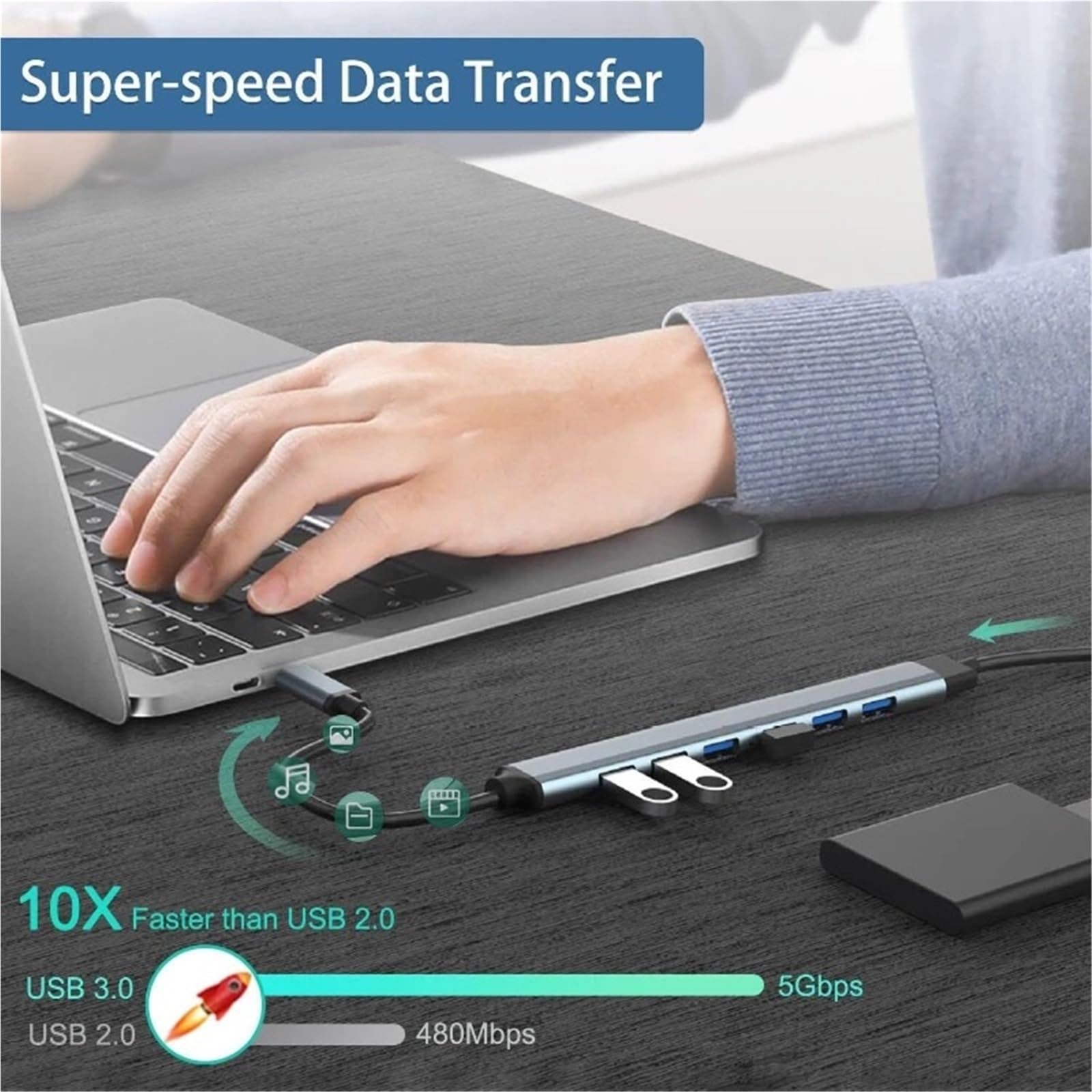 Stacja dokująca USB C 7 w 1 USB 3.0, HUB typ C, adapter 5 Gbit/s High Speed ​​USB C, rozdzielacz OTG, adapter do komputera, laptopa (typ C szary)