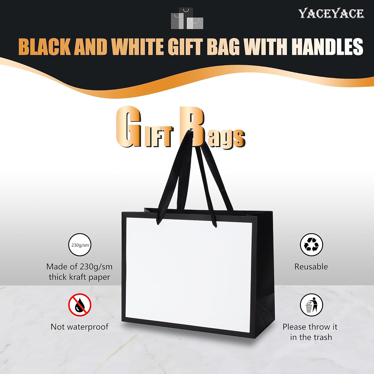YACEYACE Black and White Gift Bags - Bulk 10Pcs, Medium Boutique Bags with Handles for Wedding, Party, Birthday - Retail - Image 5