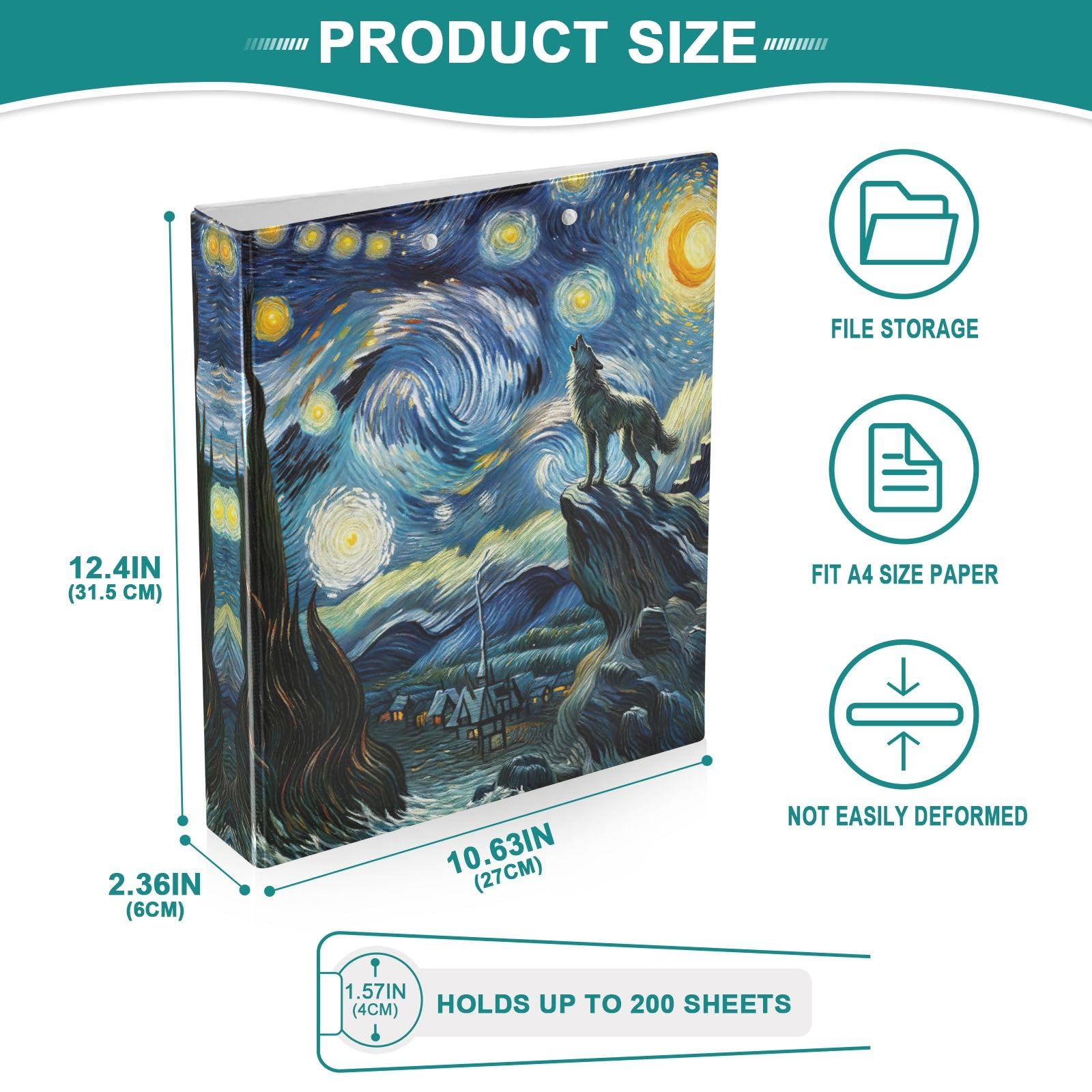 Starry Night Wolf 3-Ringbuch 3,8 cm, runder Ringordner mit 3 Innentaschen, D-Ringbuch für Arbeit, Schule, Büro, 2 Stück