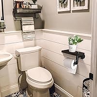 Vista 4 de Soporte de papel higiénico con estante, colgador industrial de papel higiénico montado en la pared con estante de madera rústica para baño, baño