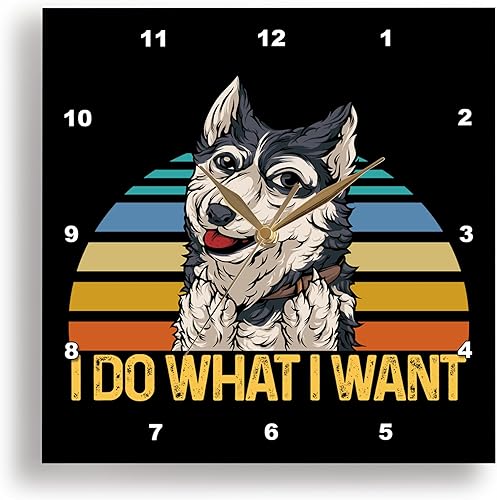 3dRose Wall Clock Silent - 10 inch - Husky Dog with I Do What I Want Sunset Retro Vintage - Dog