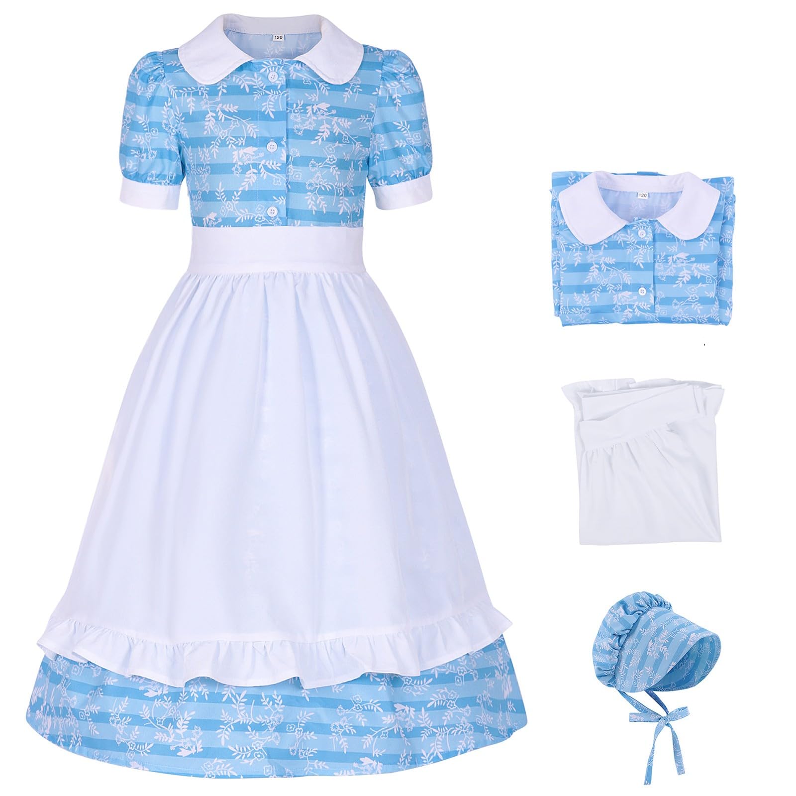 Vestido de niña Estilo jardín con Estampado Floral, Delantal, Sombrero, Traje, Falda Larga, Punto piqué, Suave y Bordado, Ideal para Uso Diario, Primavera Casual # L