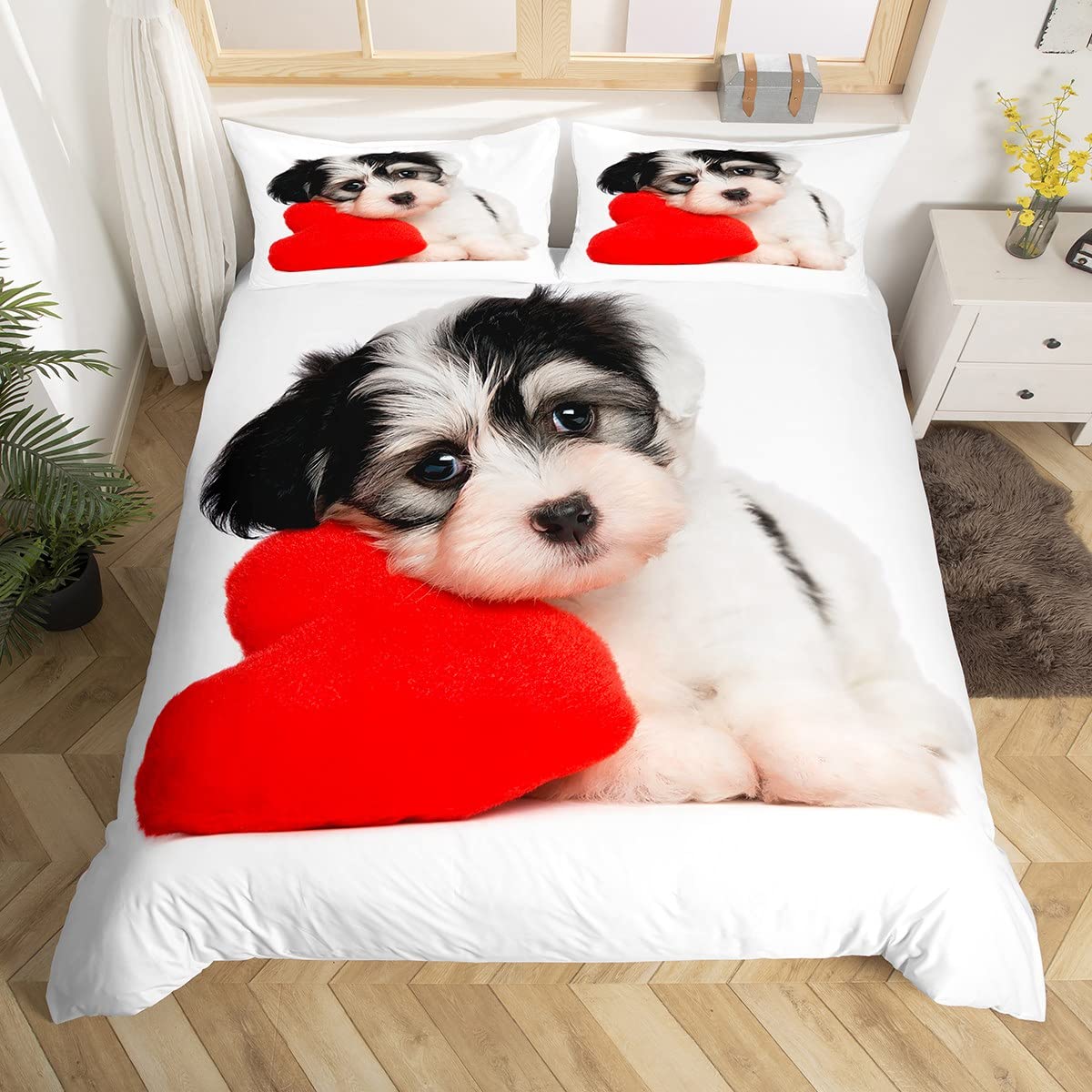 Kinder Bettwäsche Hund mit Herz Bettwäscheset Hündchen Tier Bettbezug Set Mädchen Jungs Rot Herz Dekor Bettwäsche Set Rot Weiß Süß Haustier Tiere Bettwäsche-Set 135x200 mit 1 Kissenbezug 80x80 cm