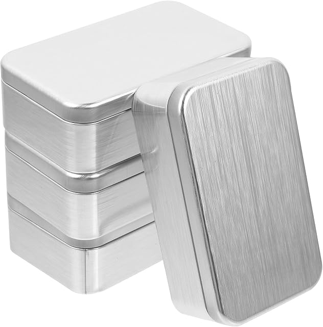 Housoutil Silver Metal Tin Box Lids, 4Pack Rectangular Empty Tin Box Containers with Lids for Treats, Gifts, Favors and Crafts, Home Organizer, 4. 3 x 2. 5 x 1. 4 inch, Sliver