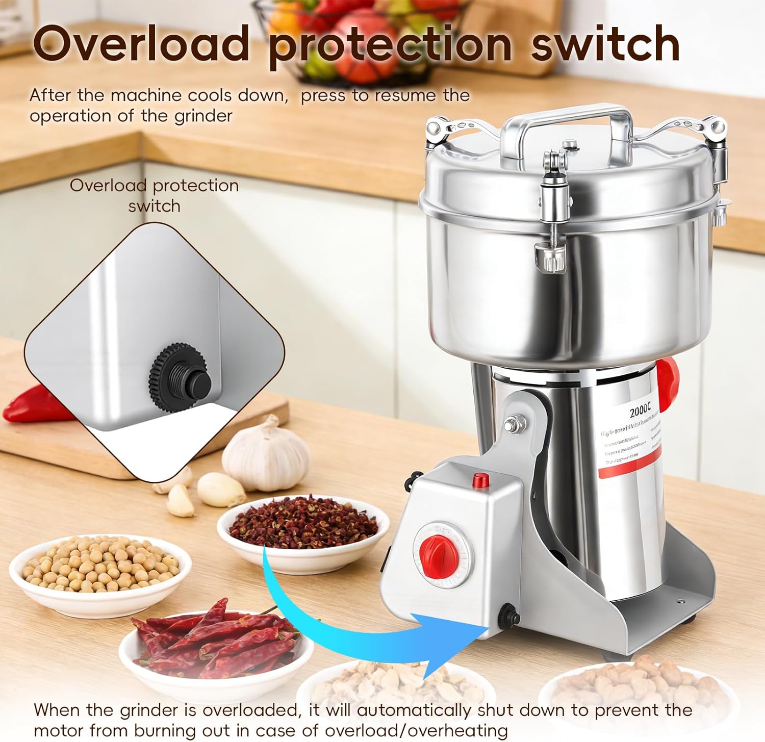 Electric Grain Mill Grinder, 2000g 304 Stainless Steel Flour Mill Grinder, 4100W 36000RPM High-Speed Spice Grinder for Home Kitchen, Adjustable 60-300 Mesh for Wheat Corn Oats Coffee Beans