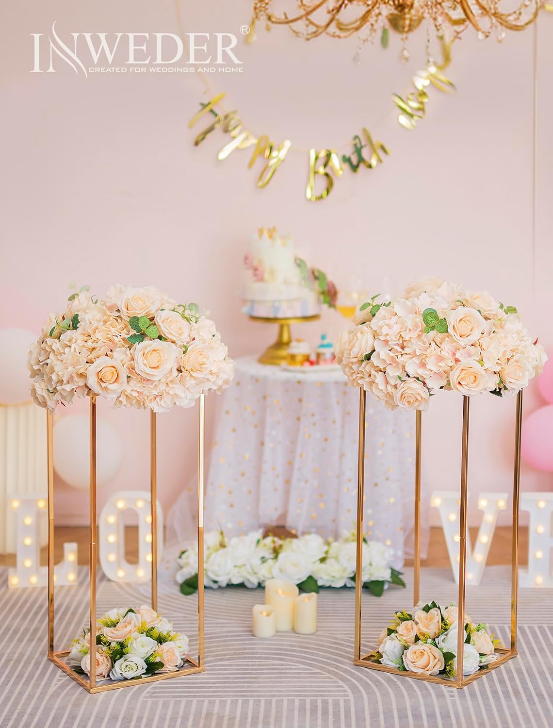 Gold Stand Wedding Centerpieces for Tables - 23.6in Tall Vases for Centerpieces, 2 Pcs Metal Column Flower Stand, Rectangular Flower Display Rack, Wedding Decorations for Tables, Party, Events, Home